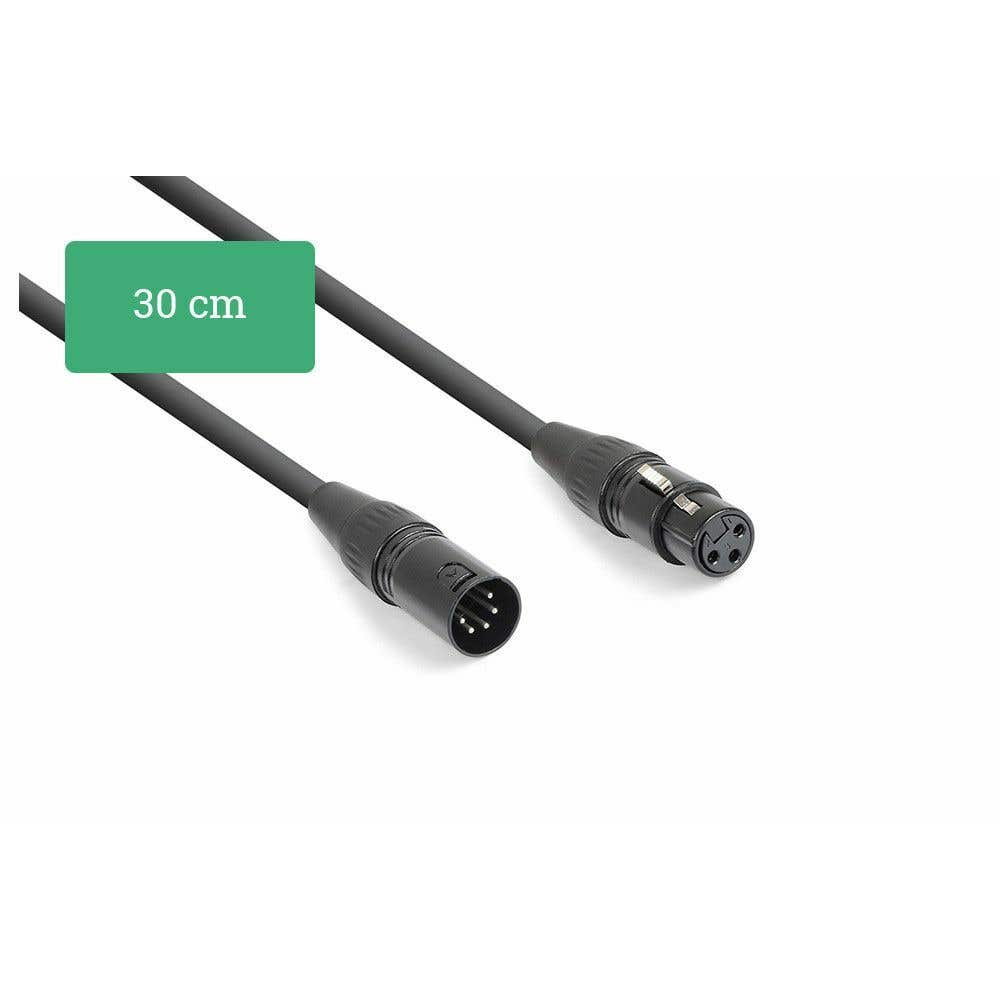 Cable XLR negro con conectores en cada extremo. Un rectángulo verde dice '30 cm'.