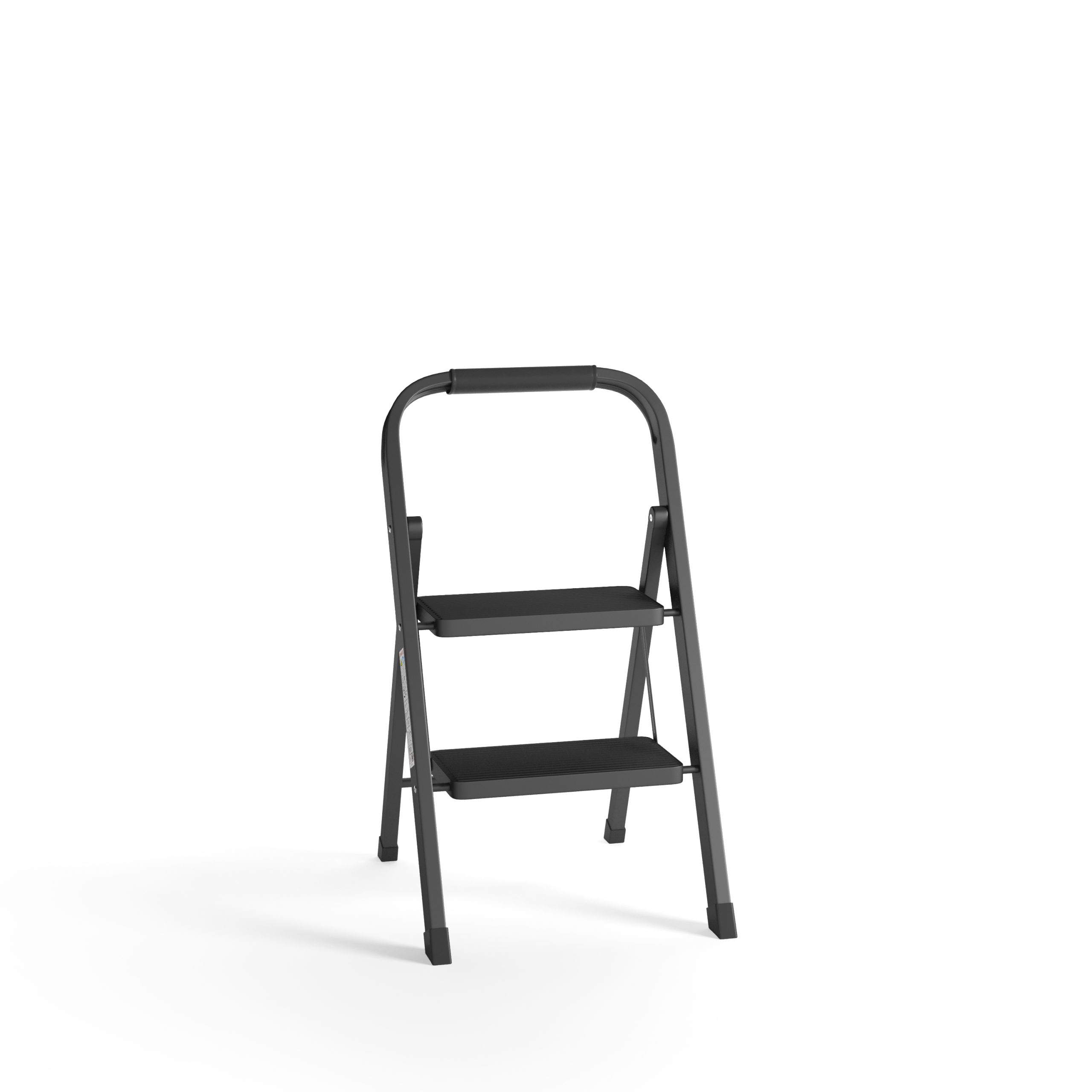Een zwarte, opvouwbare trap met twee treden staat op een witte achtergrond. Hij heeft een gebogen handvat.
