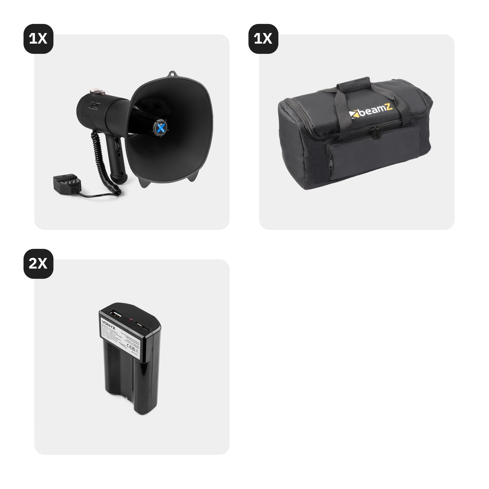 Black megaphone, a black bag with "beamZ" logo, and two black batteries on a white background.
