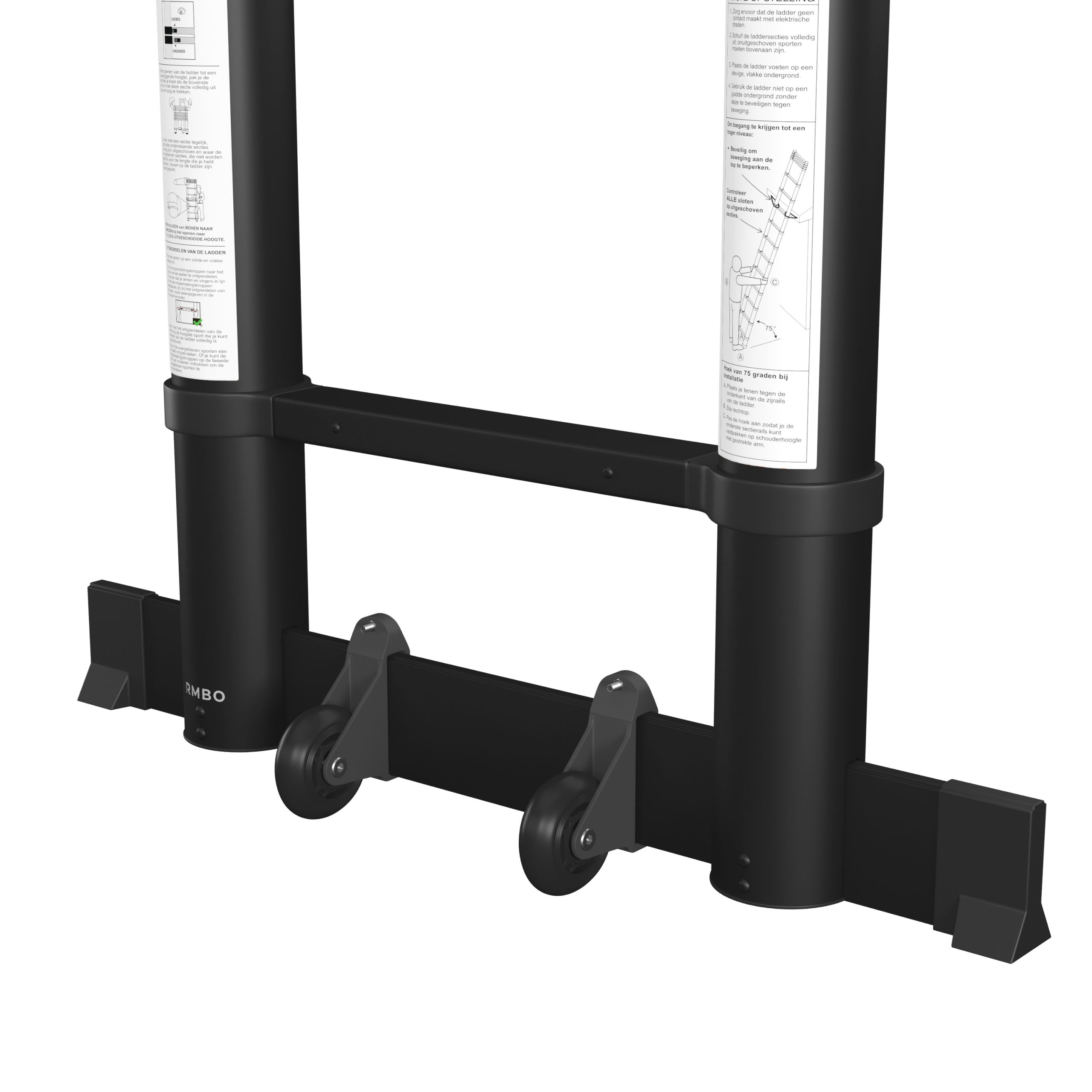 Zwarte ladder met wielen, instructies aan de zijkant. Toont vergrendelingsmechanisme en hoek.