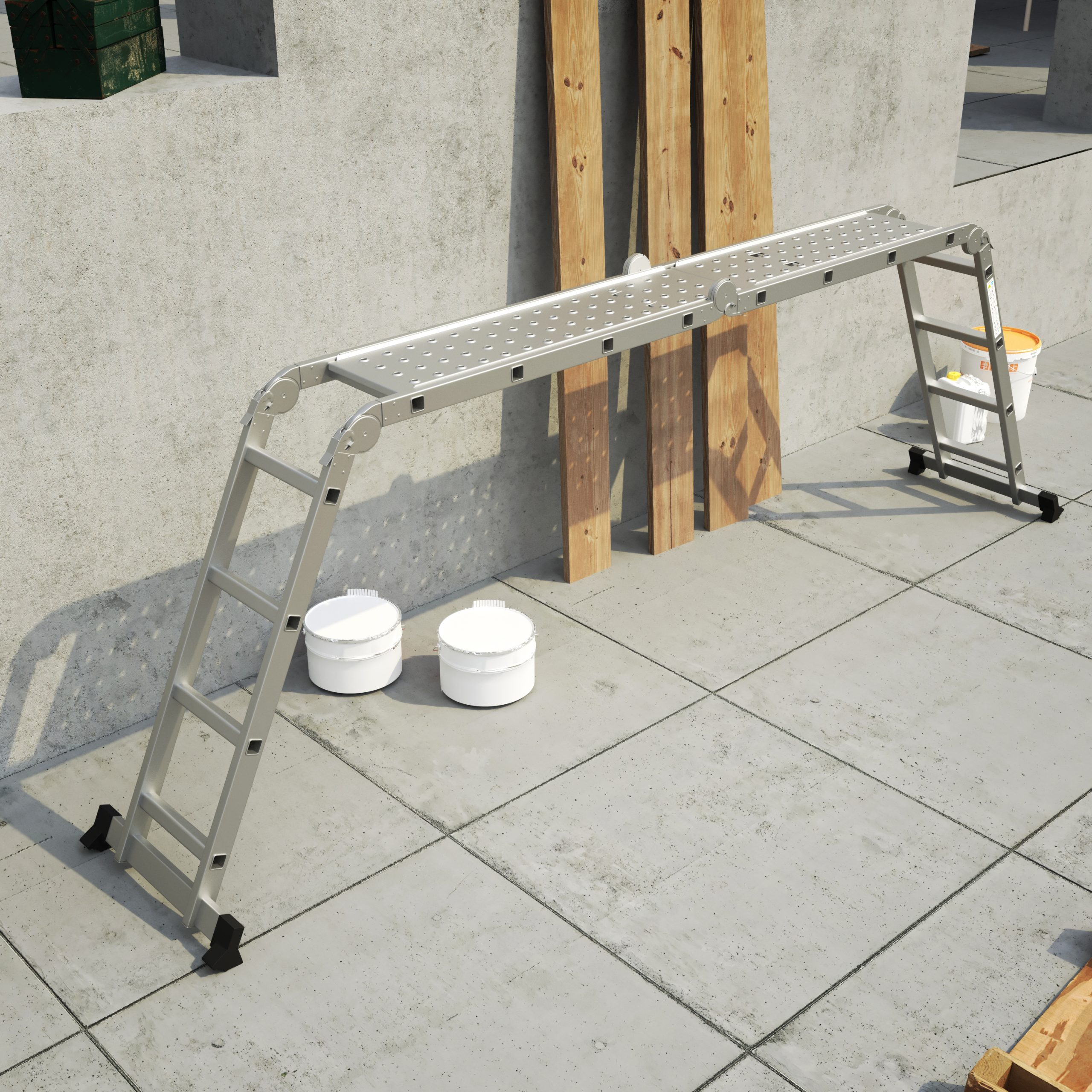 A metal platform with a ladder, wooden planks, and two white containers are on a concrete surface.