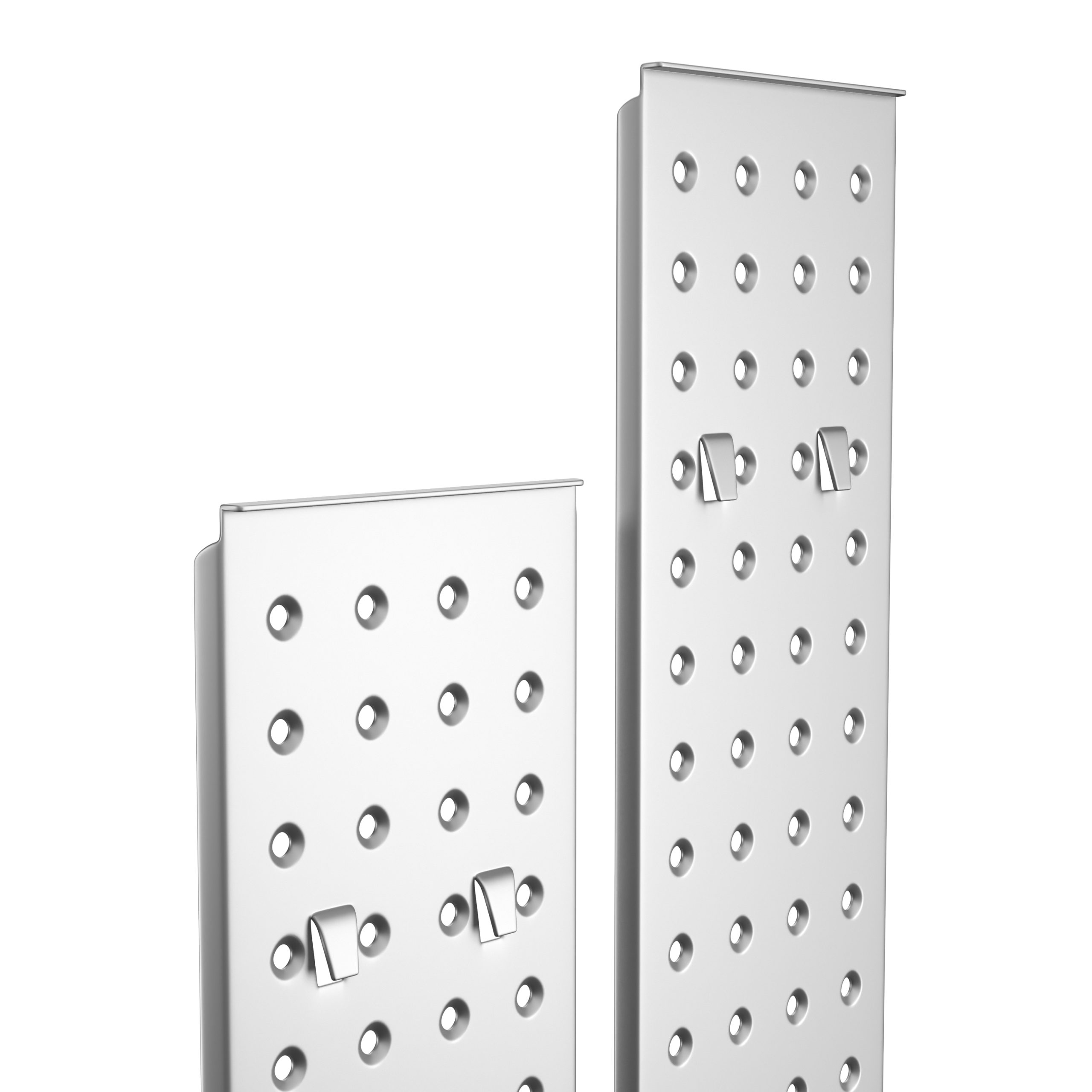 Deux panneaux métalliques perforés avec des trous circulaires. Ils ont des crochets. Le fond est blanc.