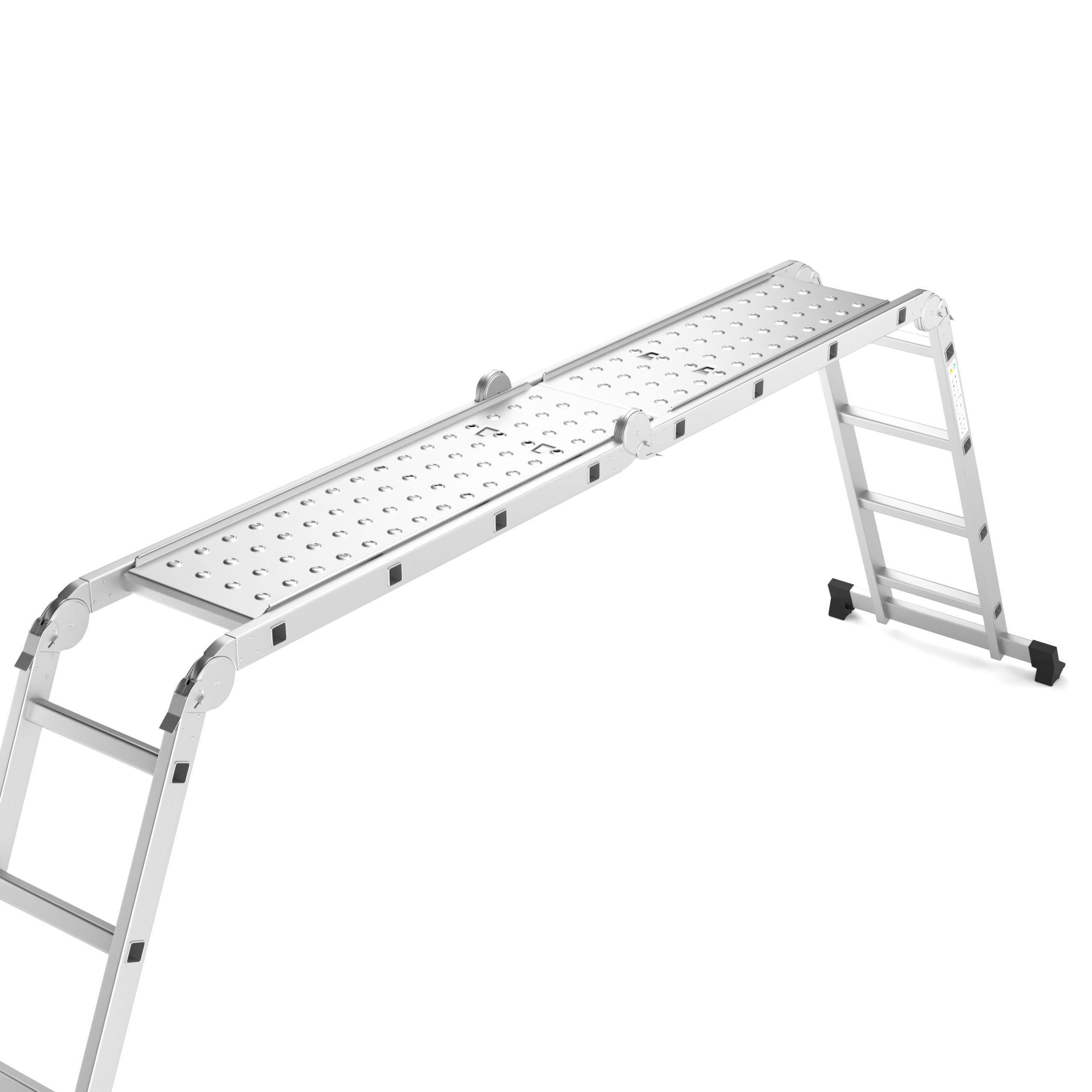 A silver multi-purpose ladder is set up. It has a platform and two ladder sections. The background is white.