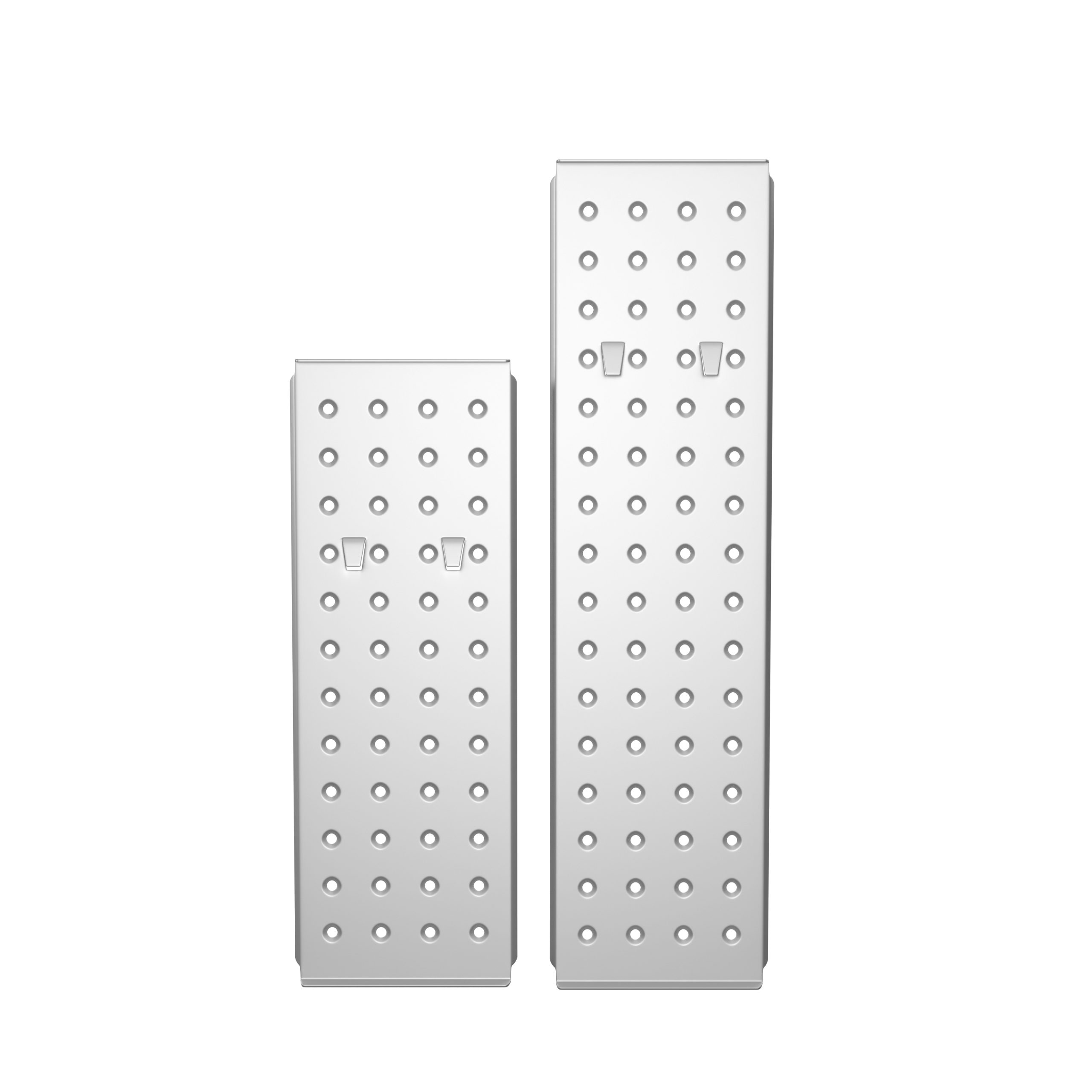 Two metal panels with evenly spaced holes. One is shorter. Both have small, rectangular features near the top.