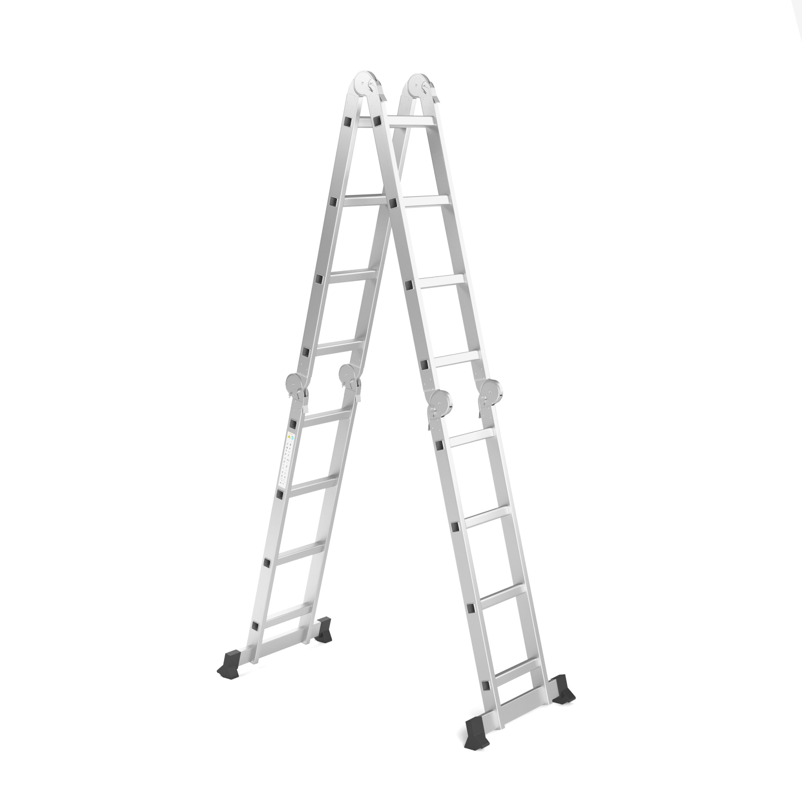 Een zilveren, multi-positieladder staat tegen een witte achtergrond. Hij is open in een A-frame configuratie.