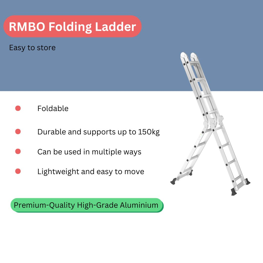 Een zilveren vouwladder op een witte achtergrond. Tekst bevat 'RMBO Folding Ladder' en functies als opvouwbaar, duurzaam, lichtgewicht.