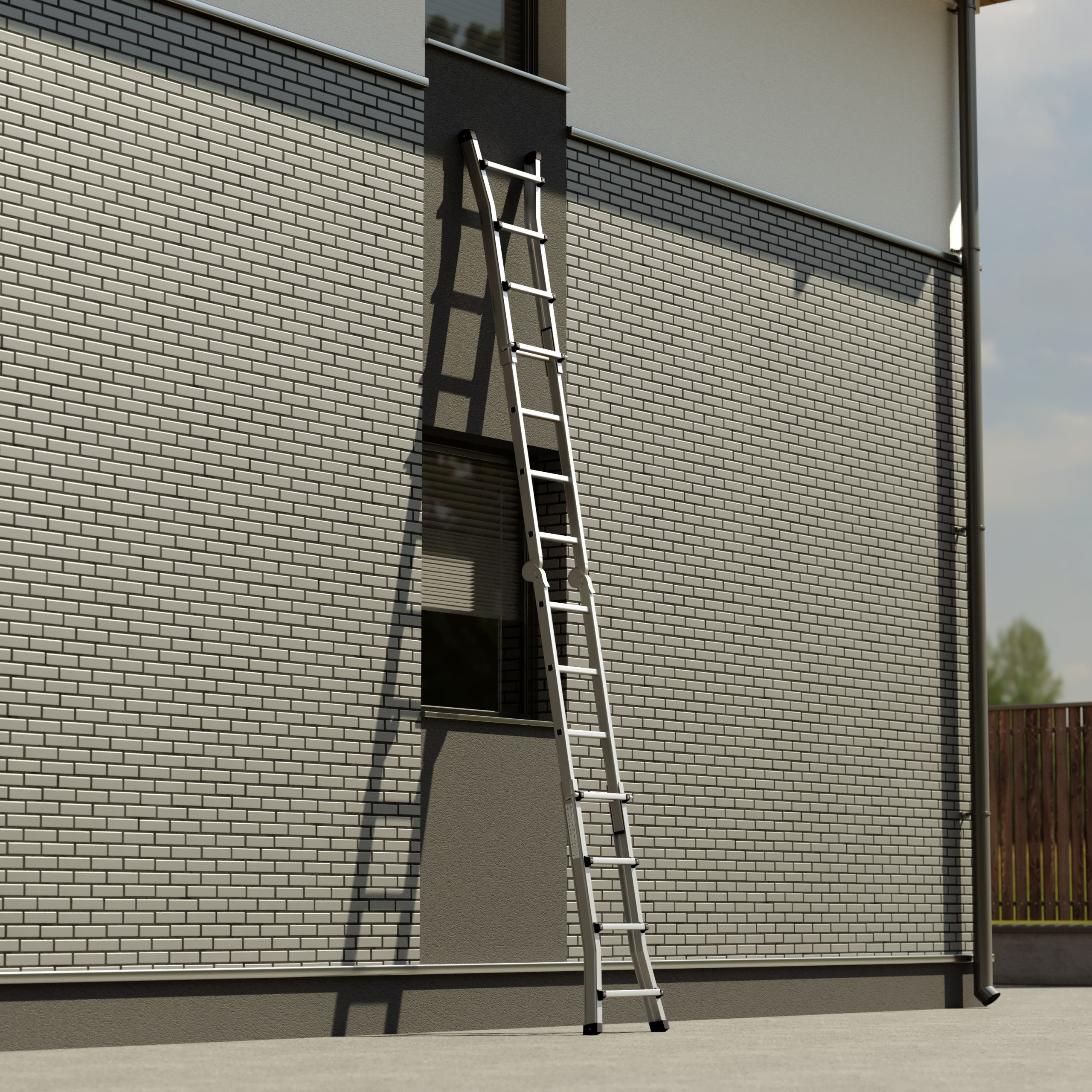 A ladder leans against a gray brick building. A window with blinds is visible. A gutter and a wooden fence are also present.