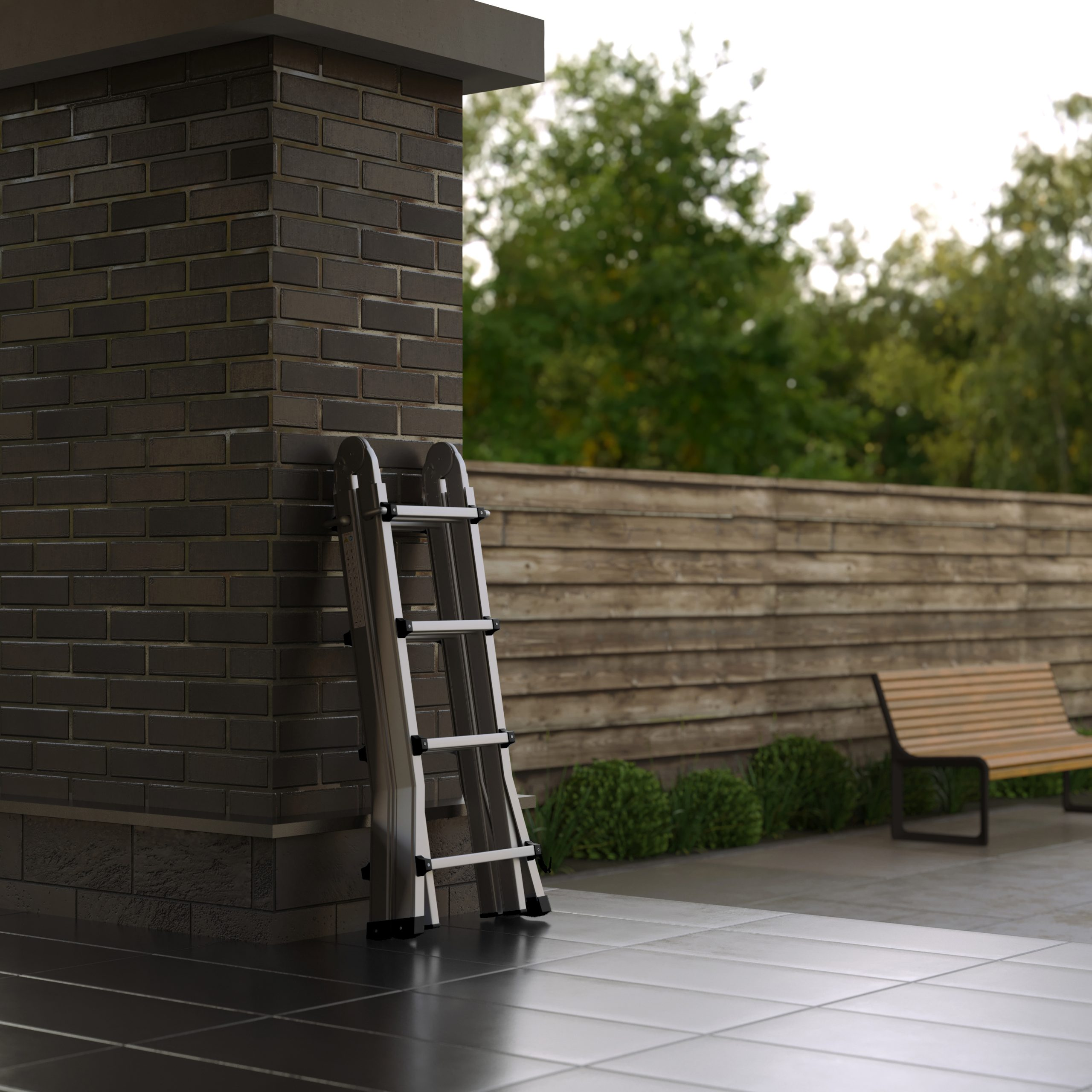 A metal ladder leans against a brick wall. A bench and greenery are in the background. Trees are behind a wooden fence.