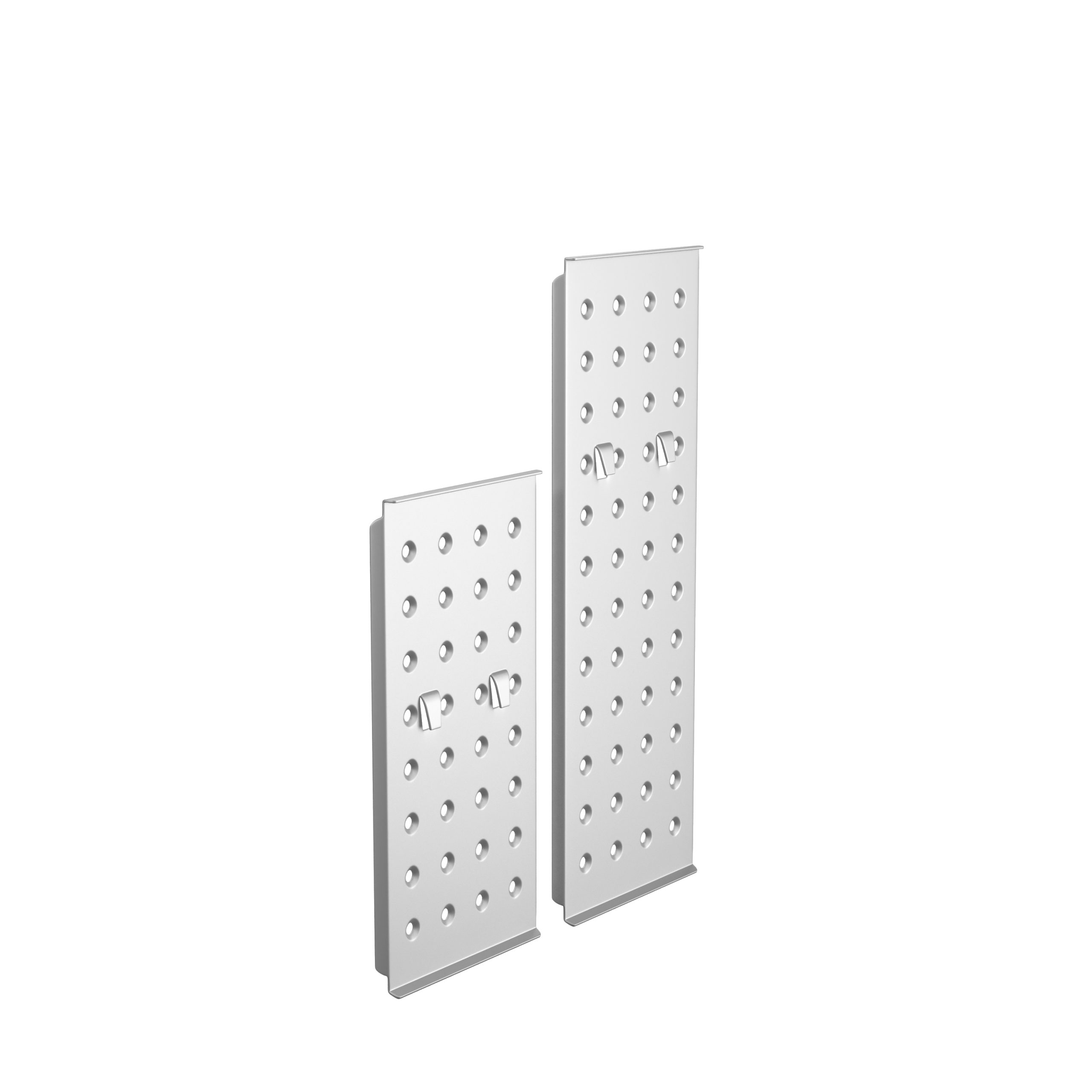 Deux plaques métalliques argentées avec des trous espacés et des languettes courbes, sur fond blanc.