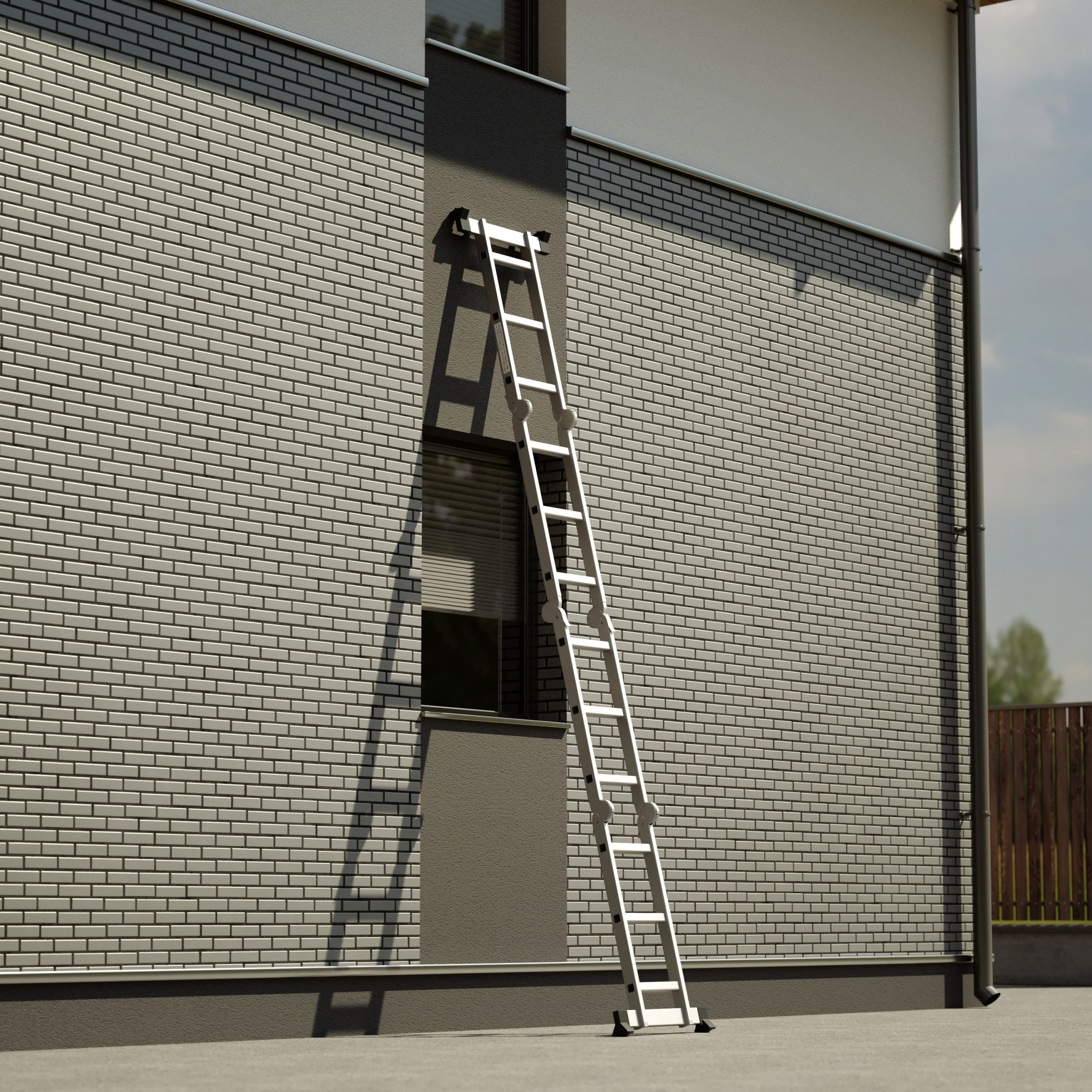 Une échelle est appuyée contre un mur de briques d'un bâtiment. Une fenêtre est sur le côté gauche.