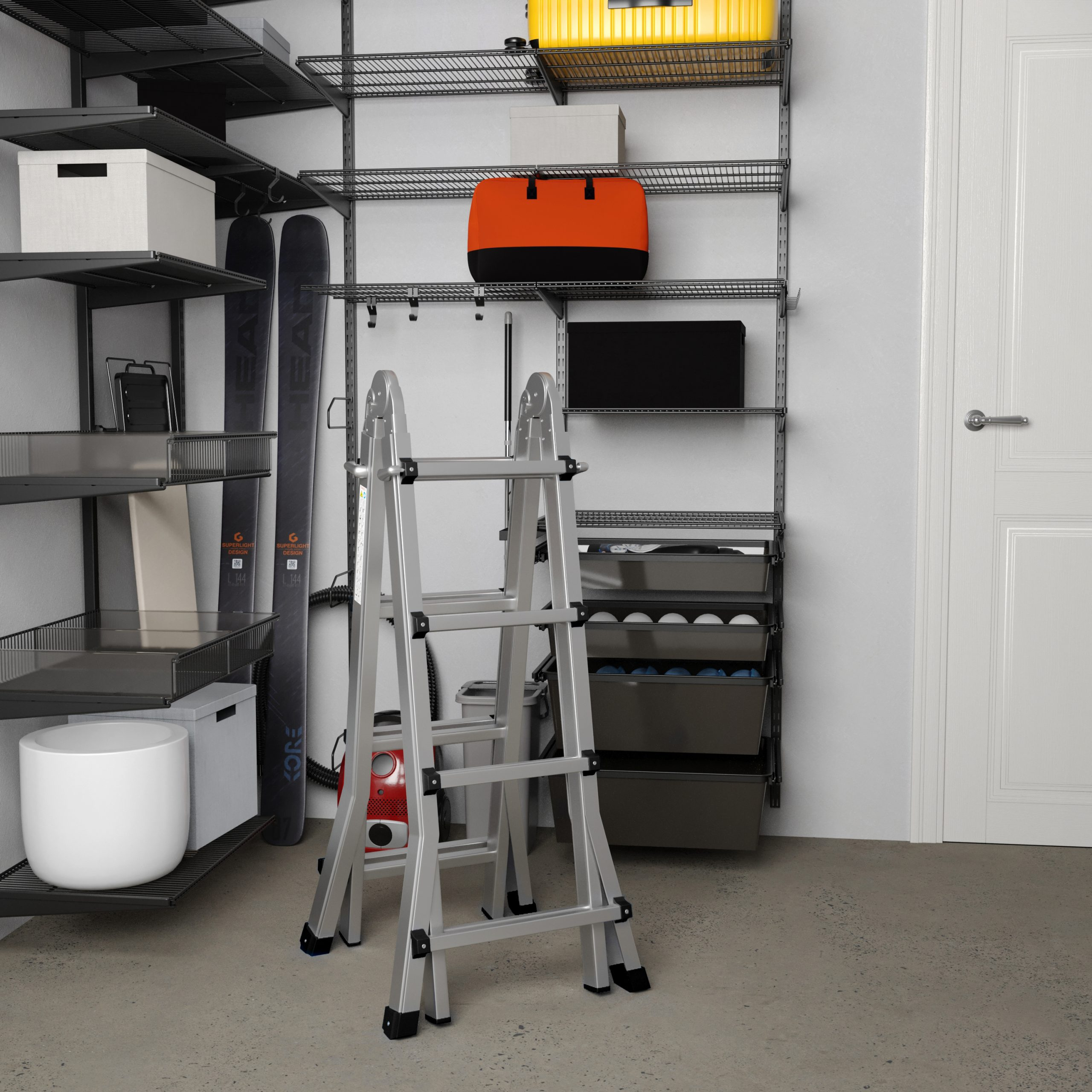 A room with shelves. Items include a ladder, skis, boxes, and containers. A door is on the right side.
