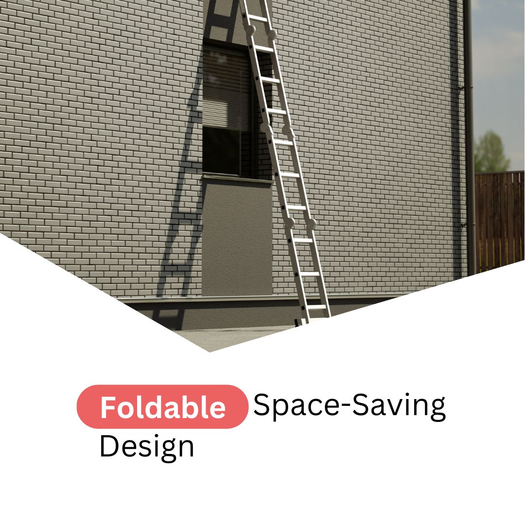 Une échelle blanche est appuyée contre un mur de briques grises. Une fenêtre est visible. Les mots design pliable sont en bas.