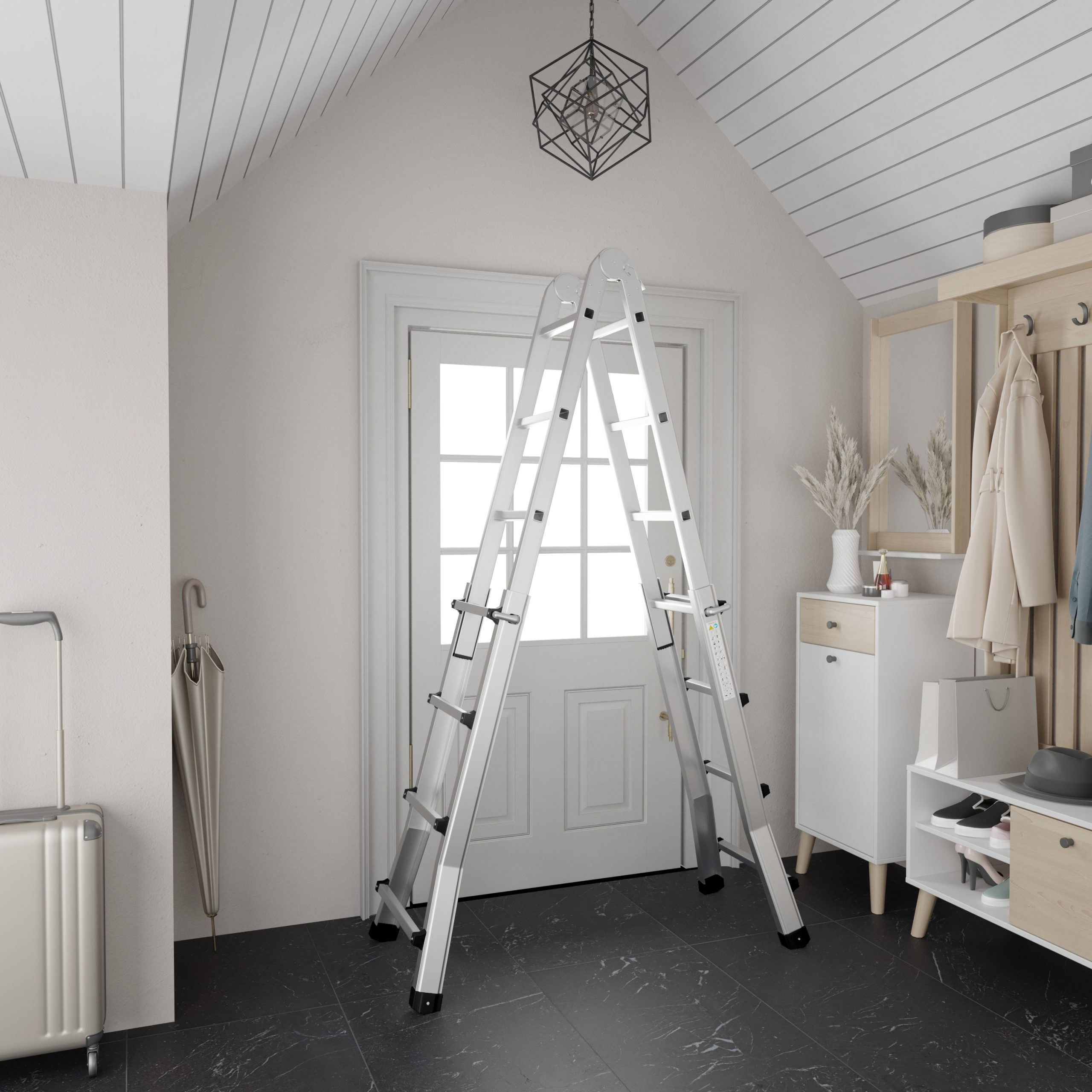 A-frame ladder in a hallway with a door. White walls, black floor, and a coat rack are also present.