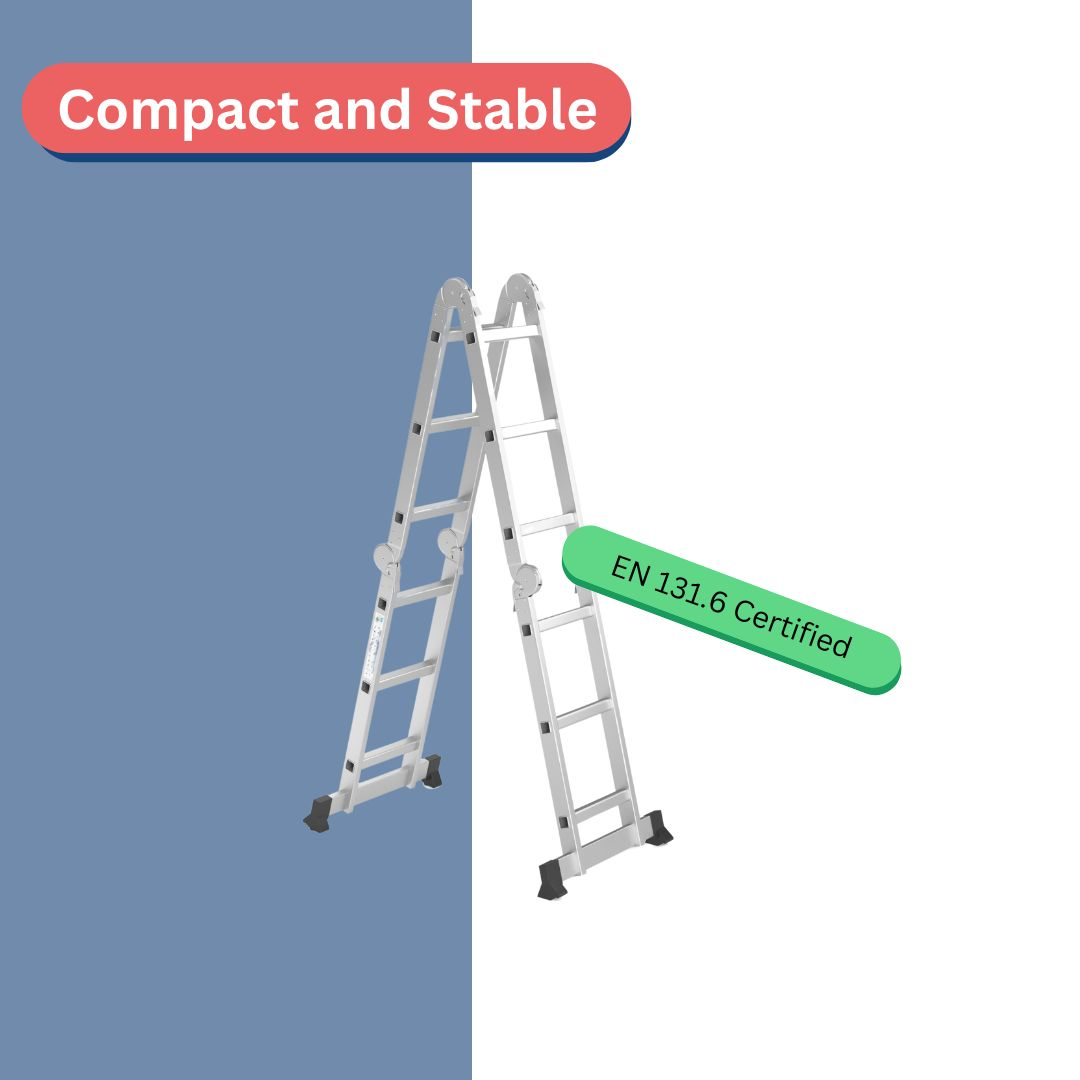 Une échelle en métal sur fond bleu et blanc. Avec le texte «Compact et stable» et «EN 131.6 Certifié».