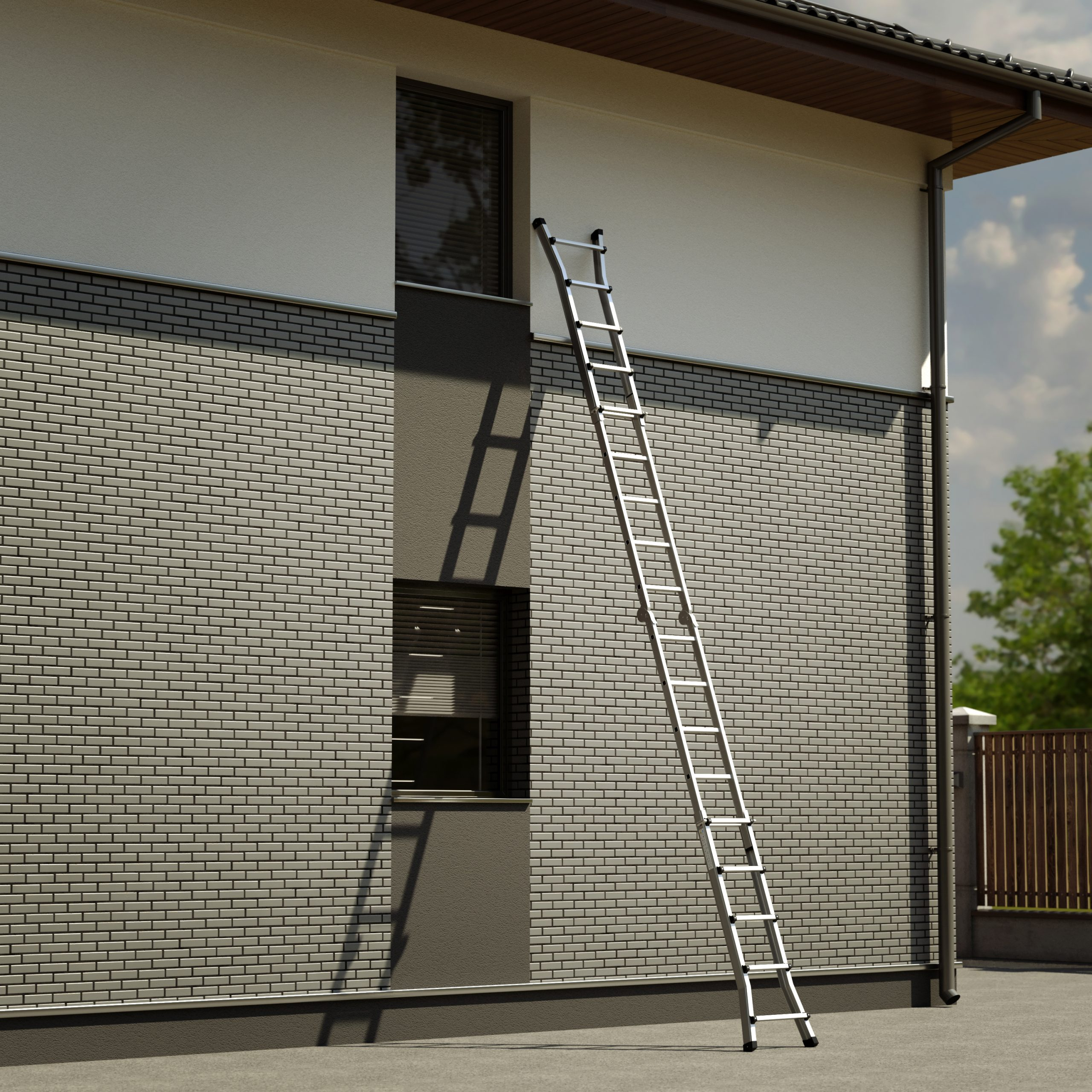 Een zilveren ladder leunt tegen een gebouw met bakstenen gevel. Twee ramen zijn zichtbaar. De lucht is gedeeltelijk zichtbaar.