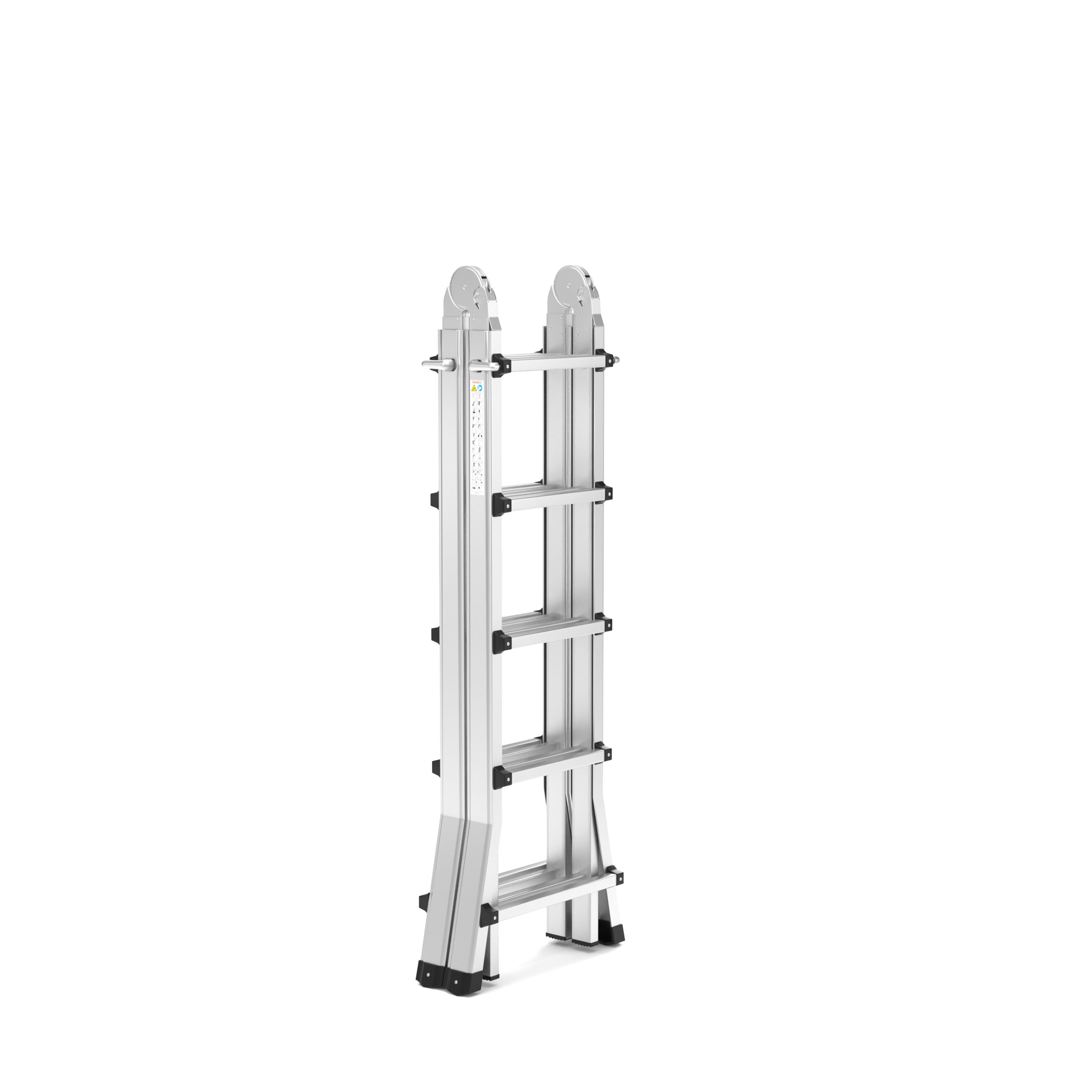 Een zilveren multifunctionele ladder tegen een witte achtergrond. Het heeft meerdere treden en zwarte voeten.