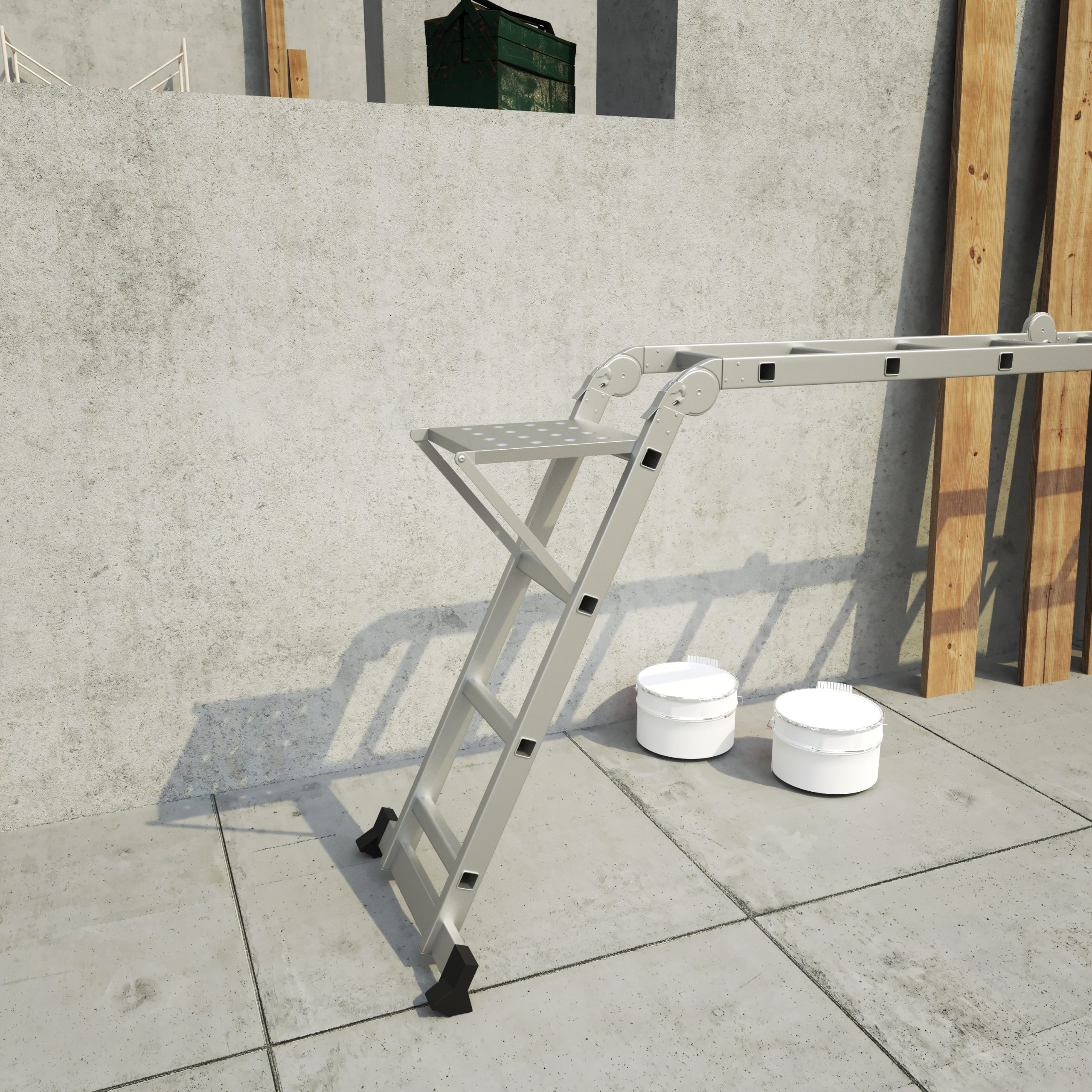 A metal ladder is partially open on a concrete surface. Two white containers are near the ladder. Wooden planks are in the background.