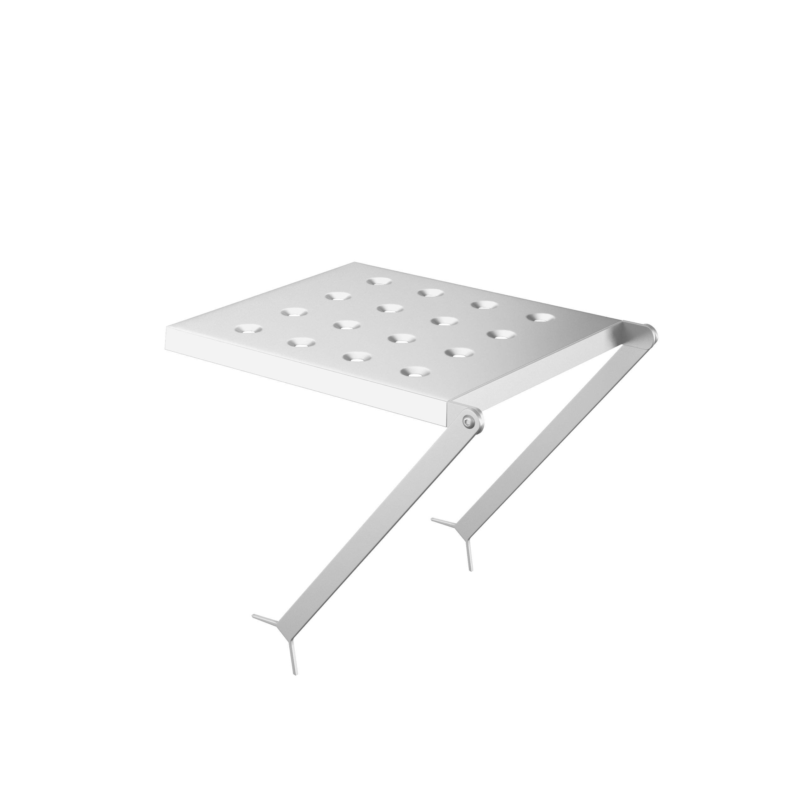 A white metal folding shelf. It has a perforated top and angled legs, set against a white background.