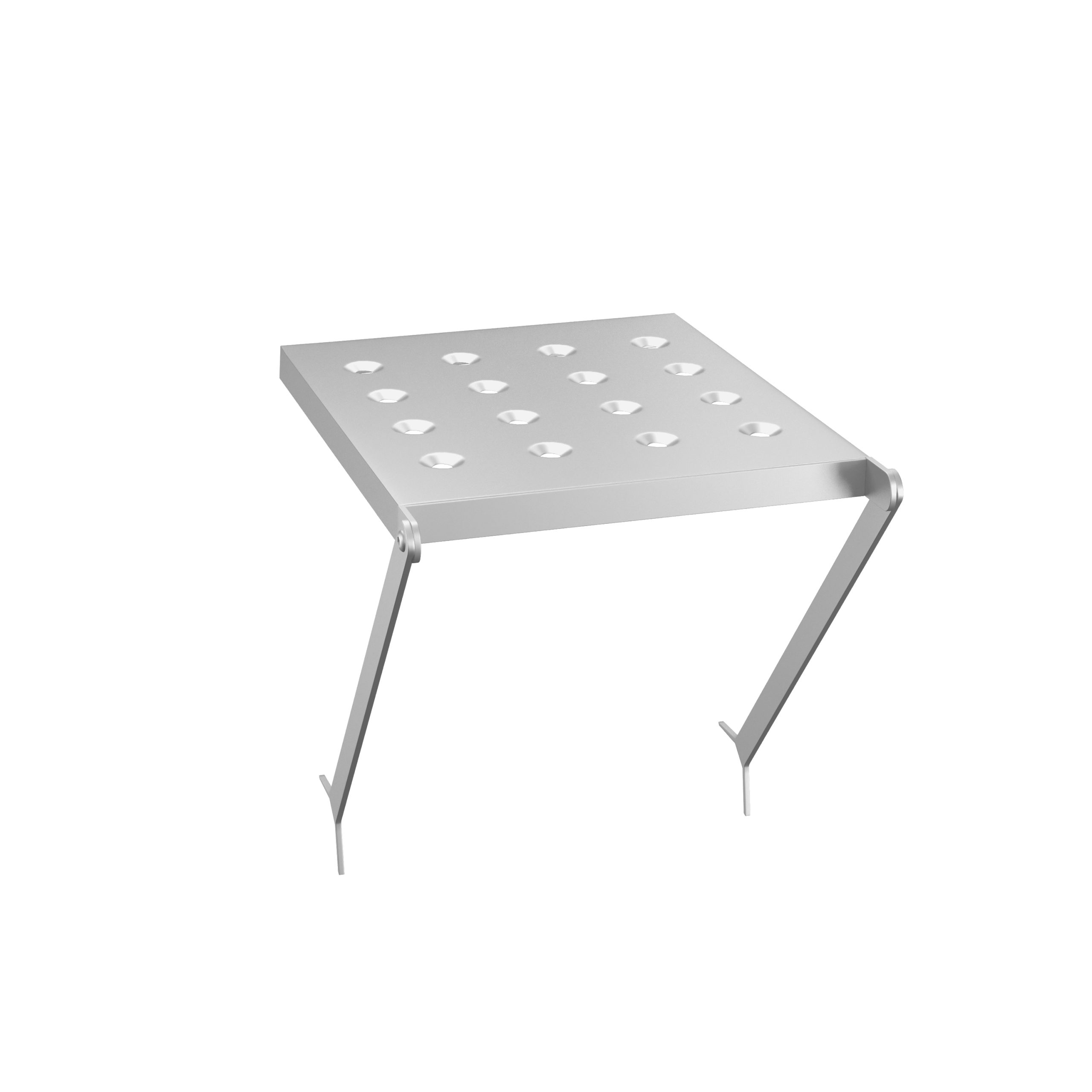 A silver metal step stool with a rectangular top and two angled legs, featuring multiple circular holes.