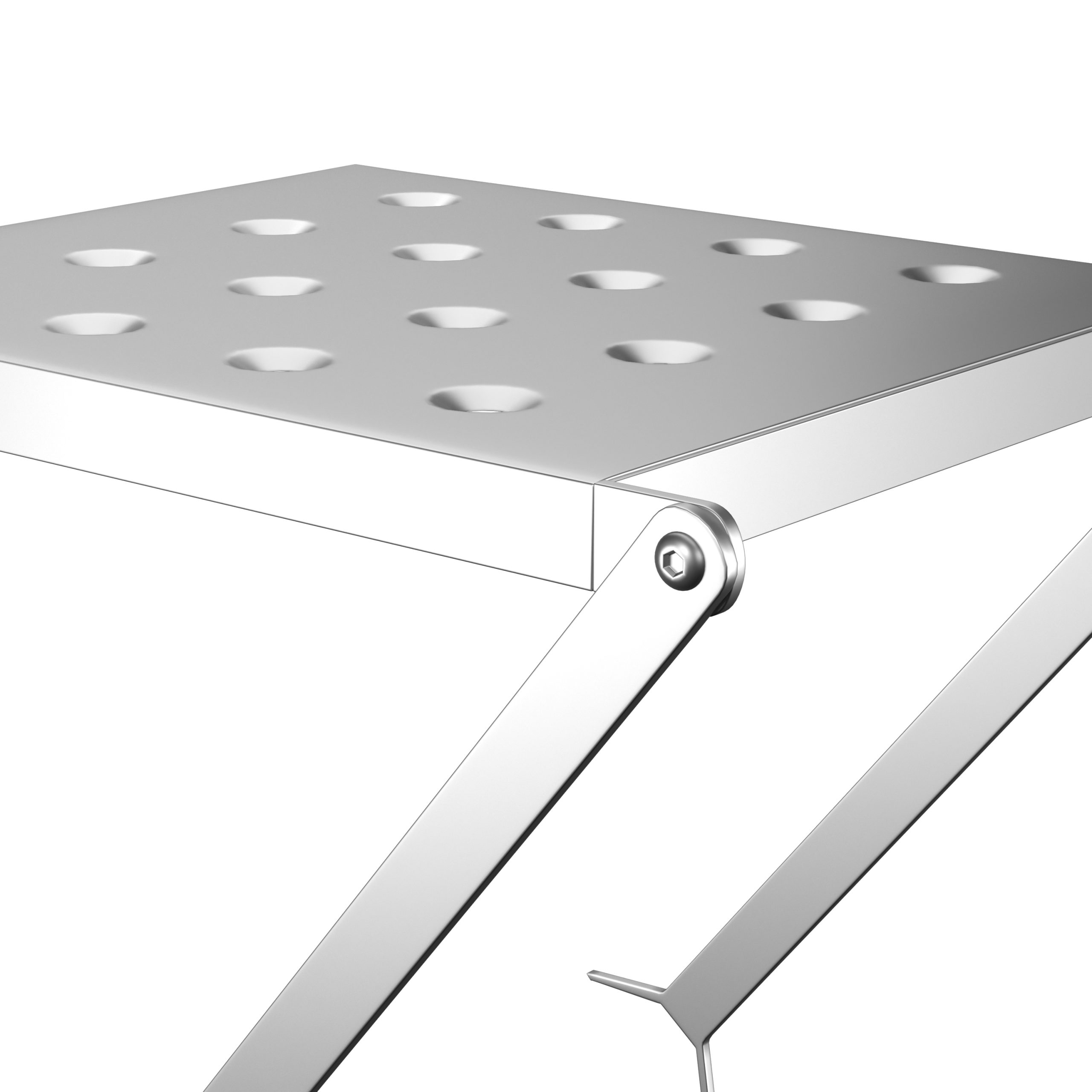 A close-up of a silver metal step with circular perforations, supported by angled legs, set against a white background.