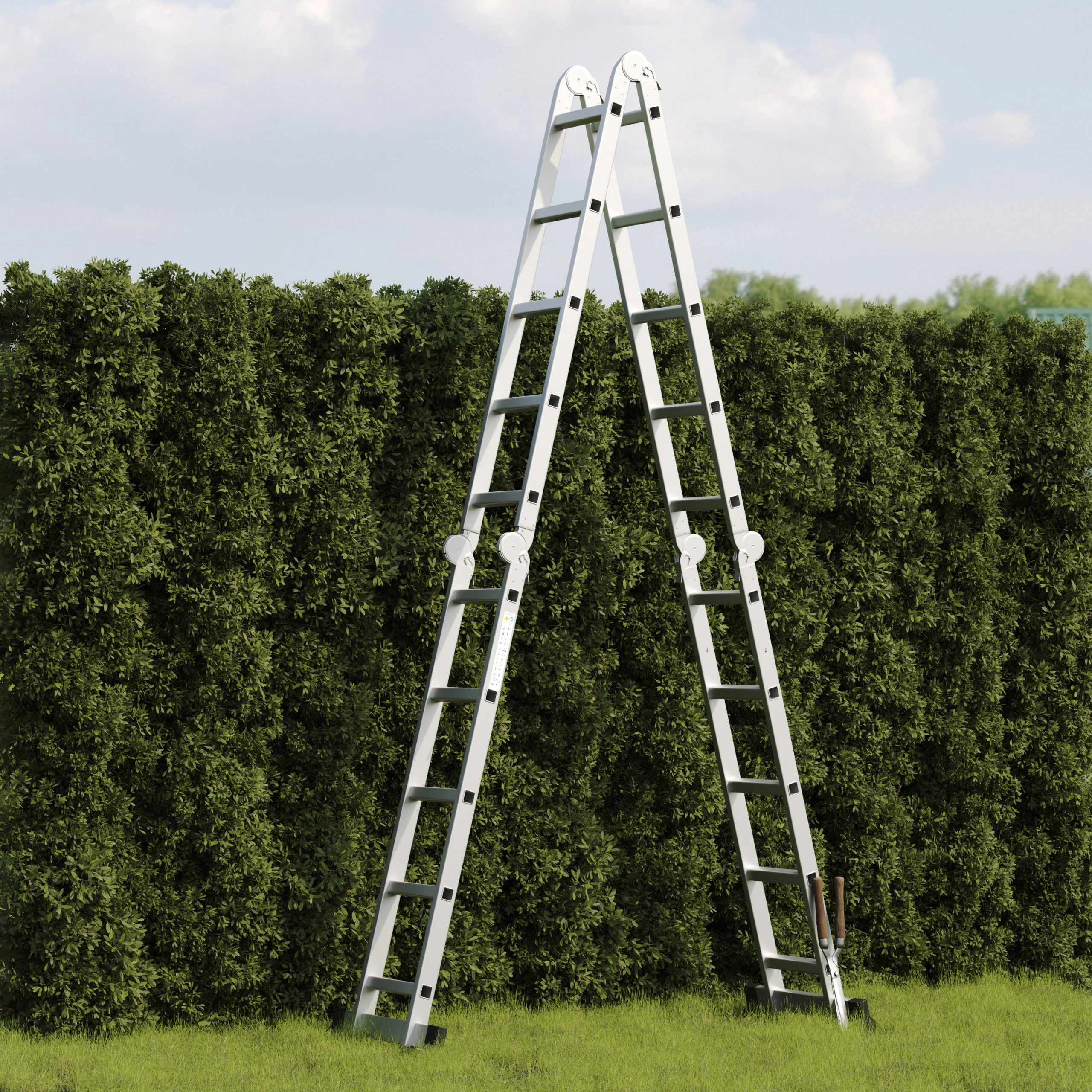 A-frame ladder in front of a green hedge. The ladder is silver, and the grass is green.