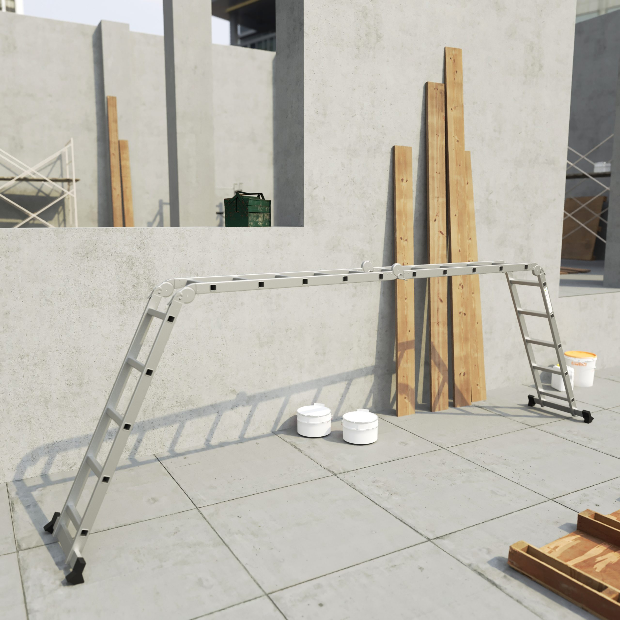 A silver ladder is set up. Wooden planks lean against a concrete wall. There are two white containers and tools.