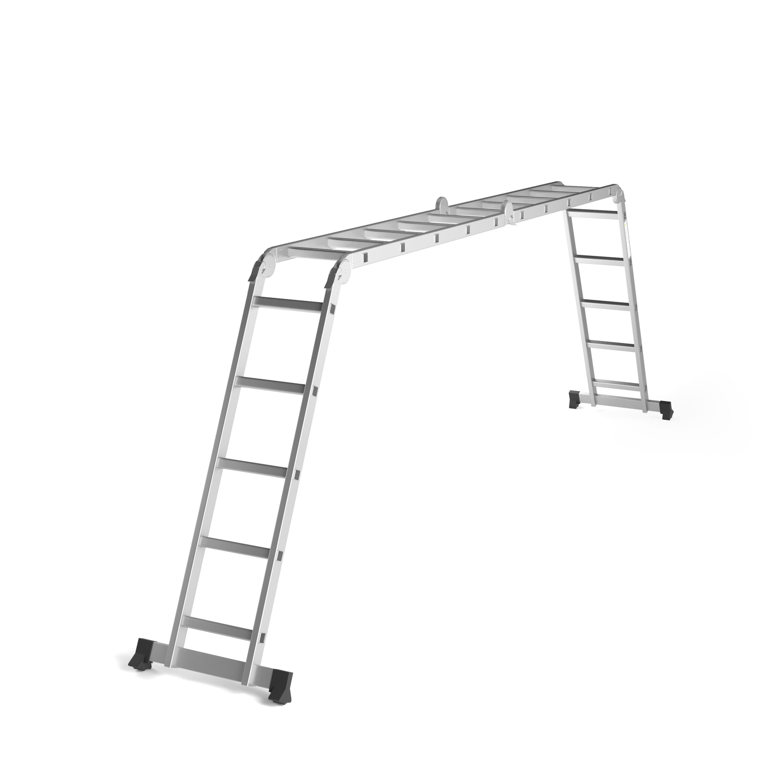 A silver, multi-position ladder stands against a white background. It has two sides and a connecting top section.