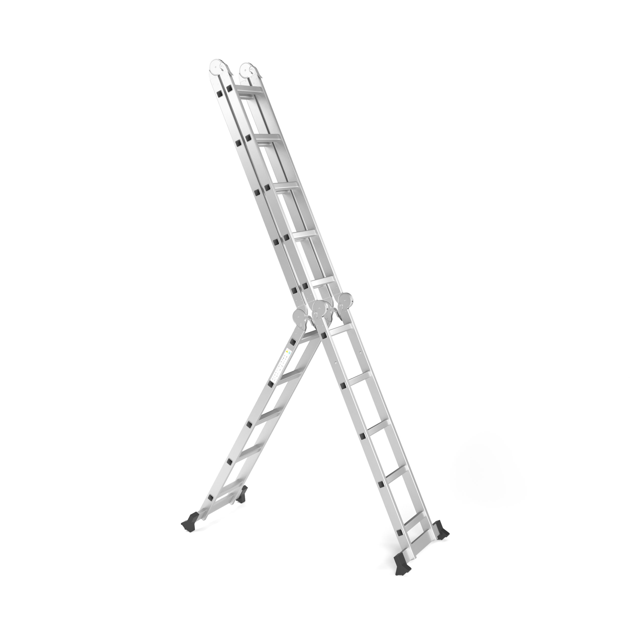 A silver, multi-position ladder stands against a white background. It is fully extended, and the legs are spread.