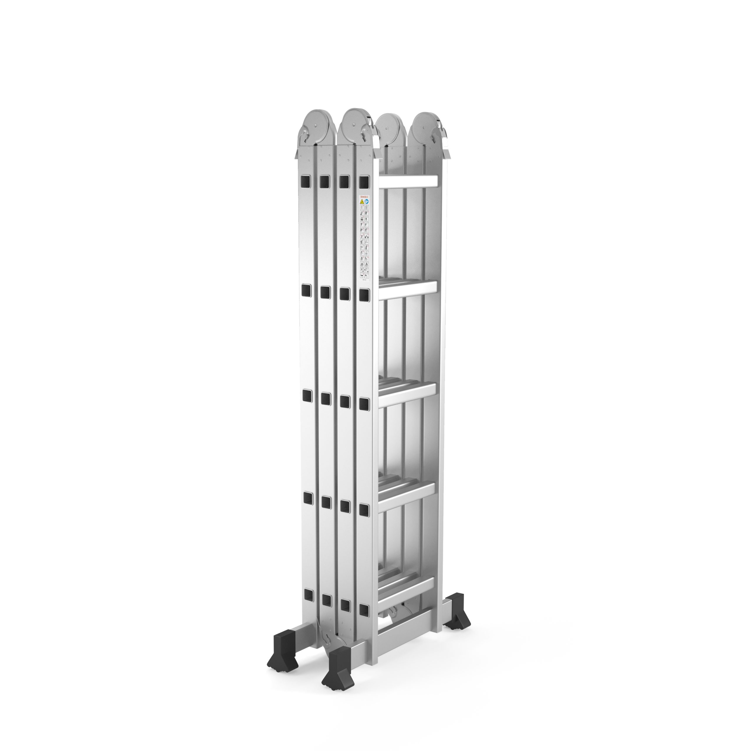 A silver multi-position ladder stands upright against a white background. It has black supports and hinges.