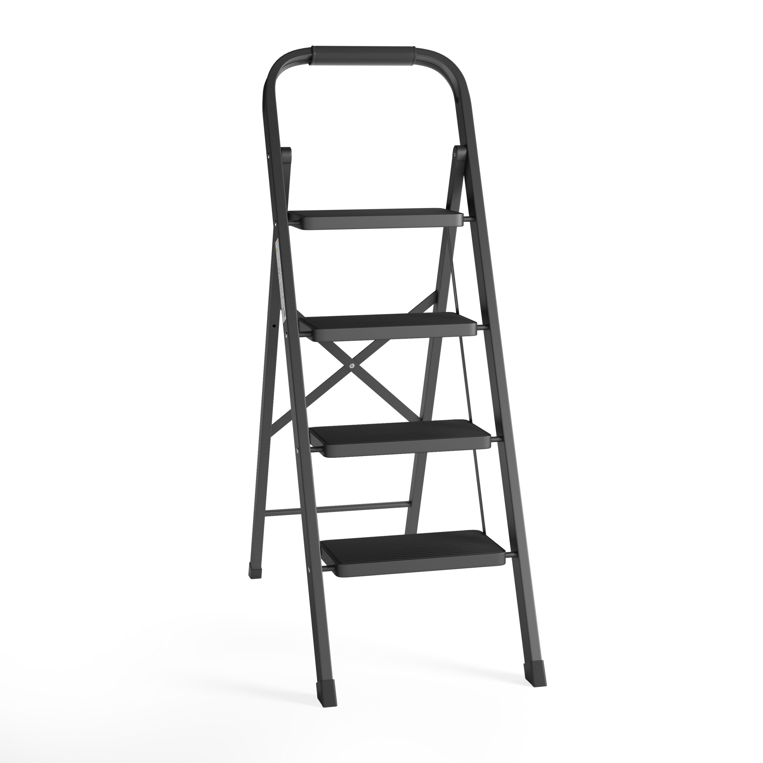 Een zwarte opvouwbare trap op een witte achtergrond. Hij heeft vier treden en een handvat.