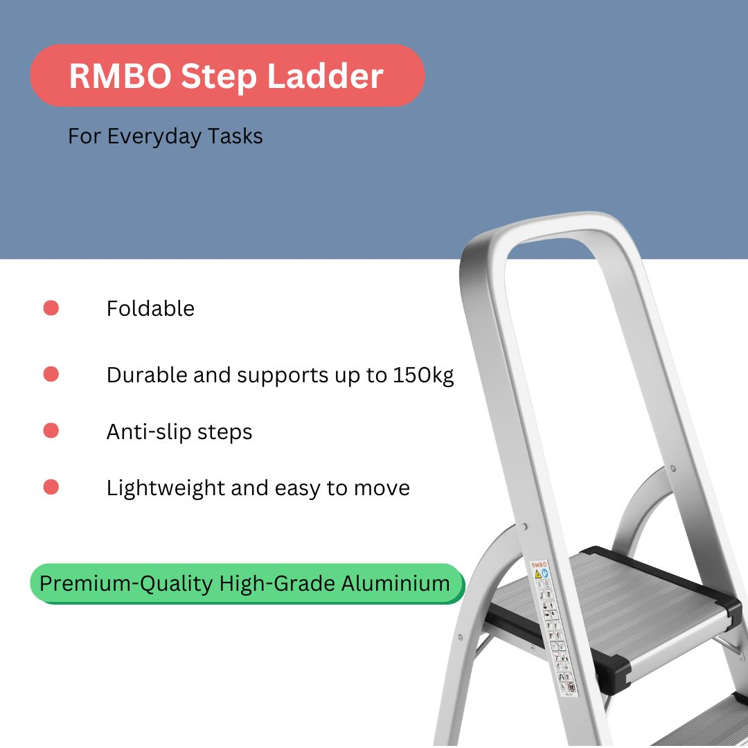 Silver step ladder with anti-slip steps, foldable, supporting up to 150kg, and is lightweight. Text: RMBO Step Ladder.