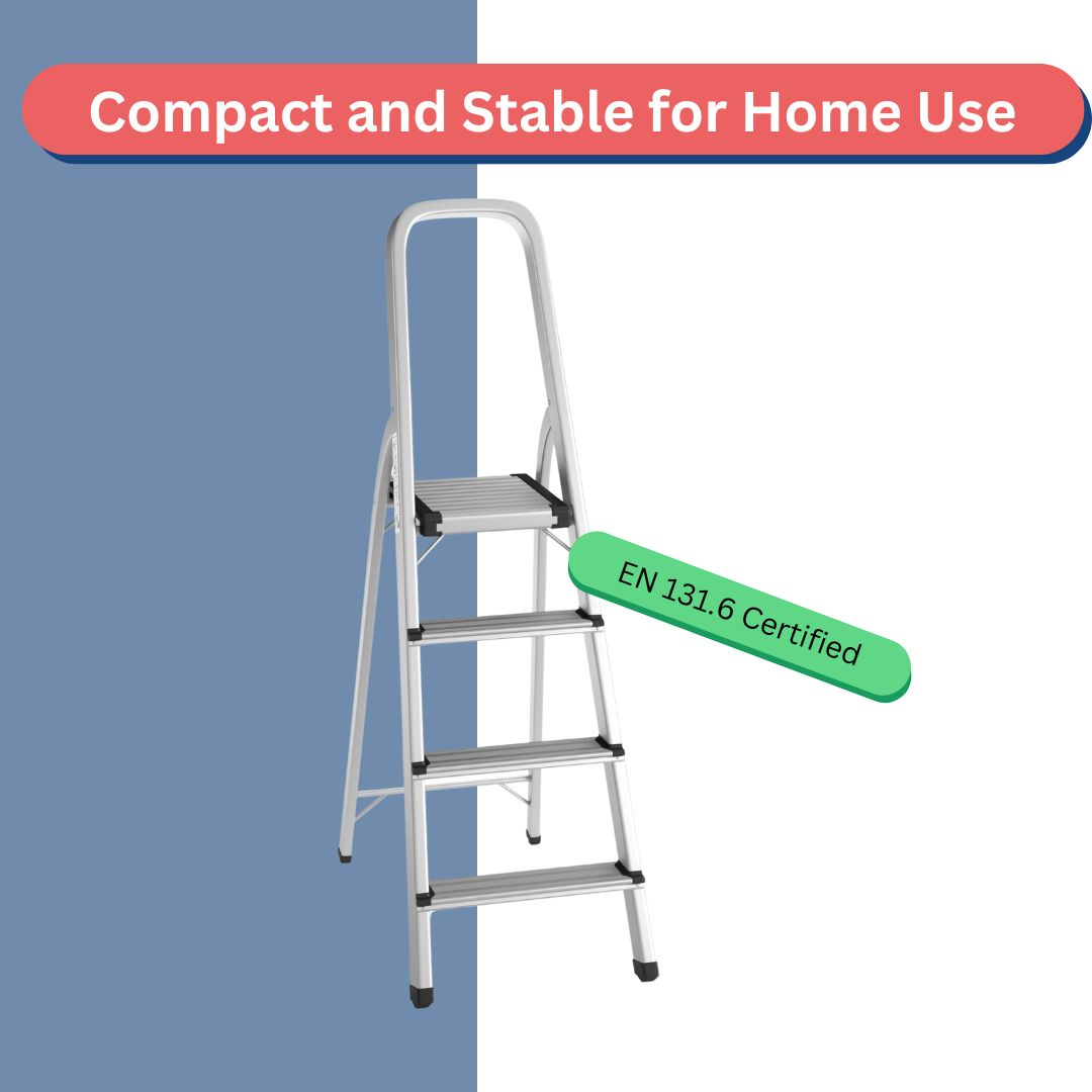 A silver step ladder is shown. Text says 'Compact and Stable for Home Use'. A green label states 'EN 131.6 Certified'.