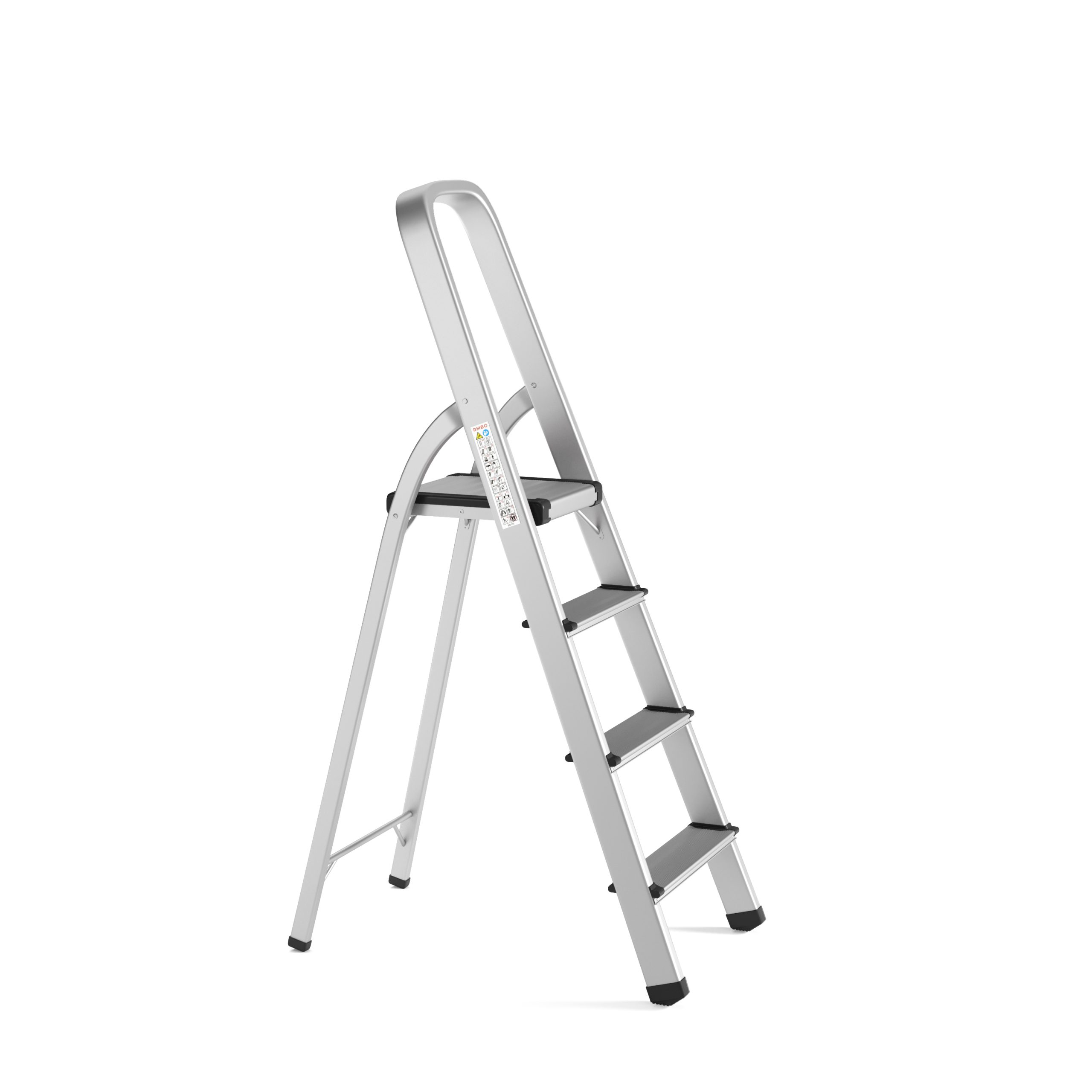 A silver step ladder stands against a white background. It has four steps, black feet, and a support frame.