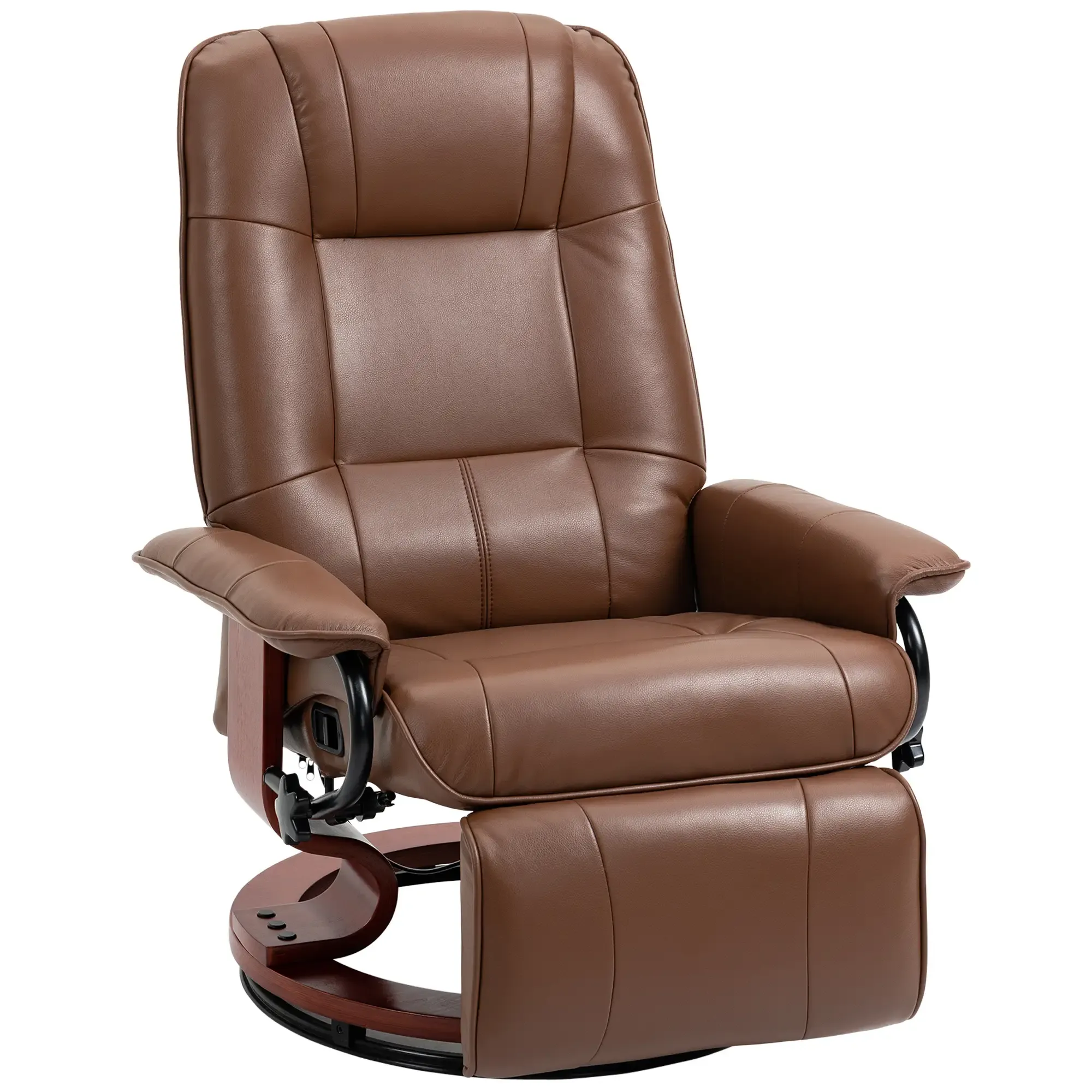 Ein brauner Leder-Relax-Sessel mit ausgeklappter Fußstütze. Er hat ein Holzgestell und schwarze Metallakzente. Isoliert auf Weiß.