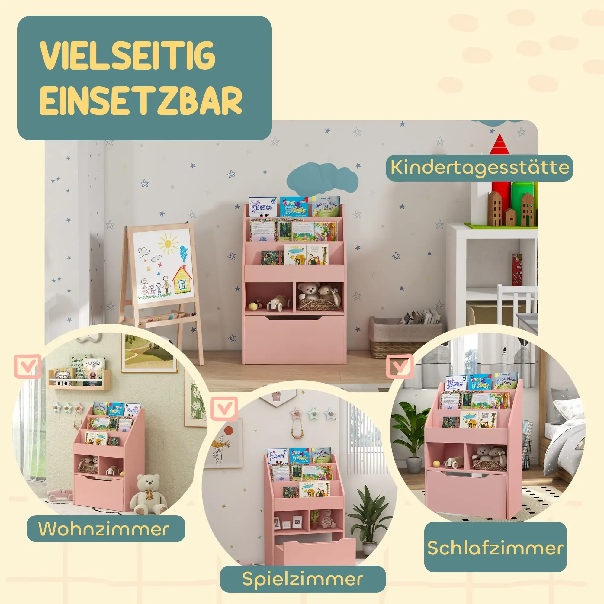 Rosa Kinderbücherregal mit Büchern, Spielzeug und Schublade. Szene umfasst eine Zeichenplatte und Raumbeschriftungen.