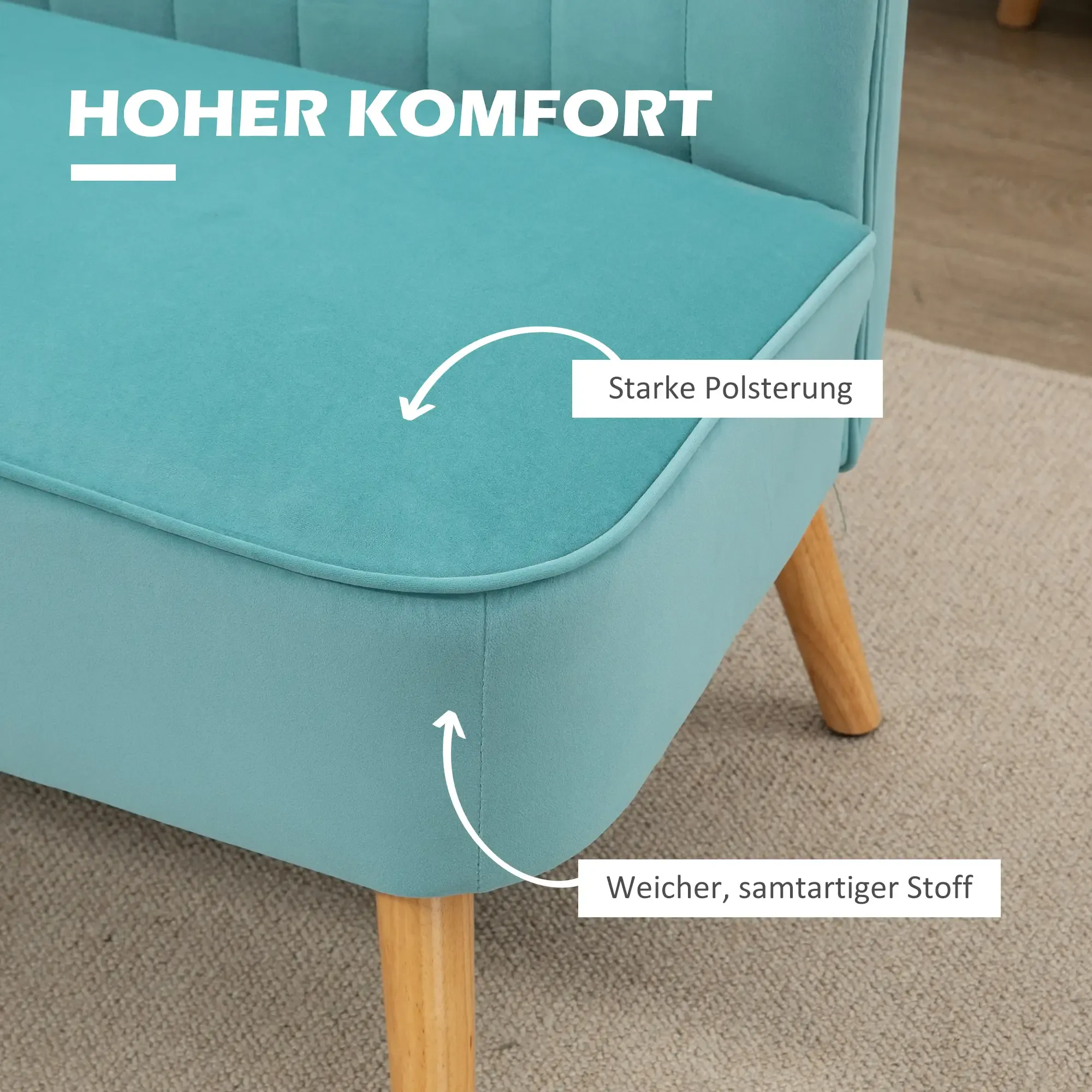 Türkisfarbenes Sofa mit Holzbeinen, weichem Stoff und starker Polsterung. Text sagt 'Hoher Komfort'.