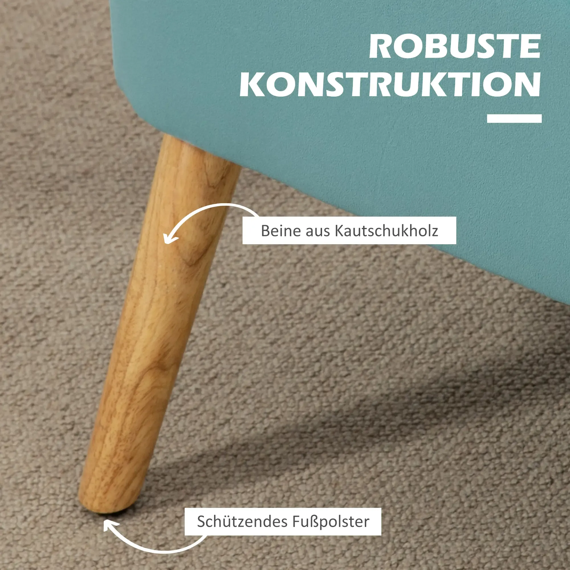 Nahaufnahme eines Holzstuhlbeins. Der Stuhl ist türkis und der Hintergrund ist Teppich.