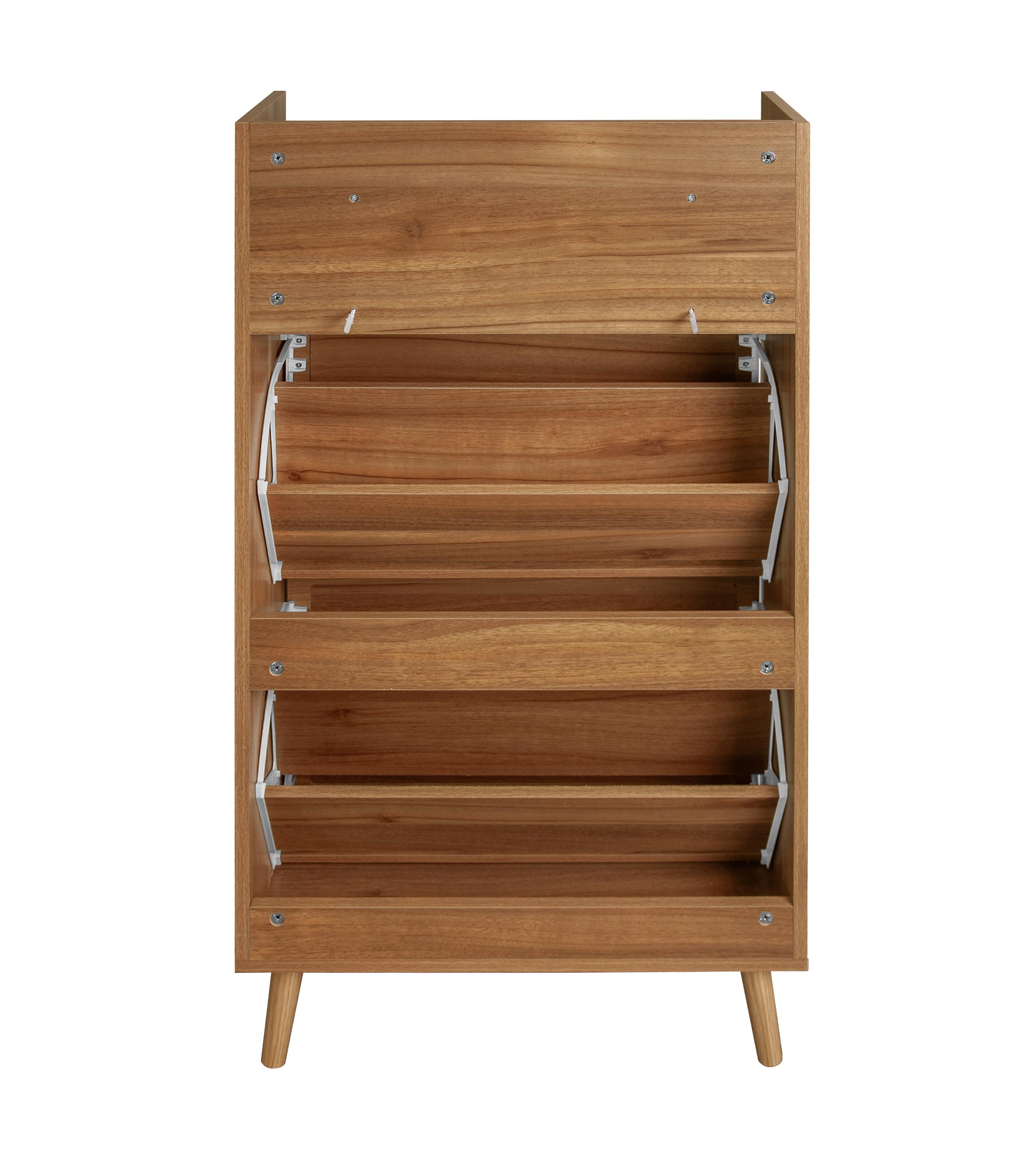 Ein Schuhschrank aus Holz mit vier geneigten Fächern. Er hat eine hellbraune Farbe und einen weißen Hintergrund.