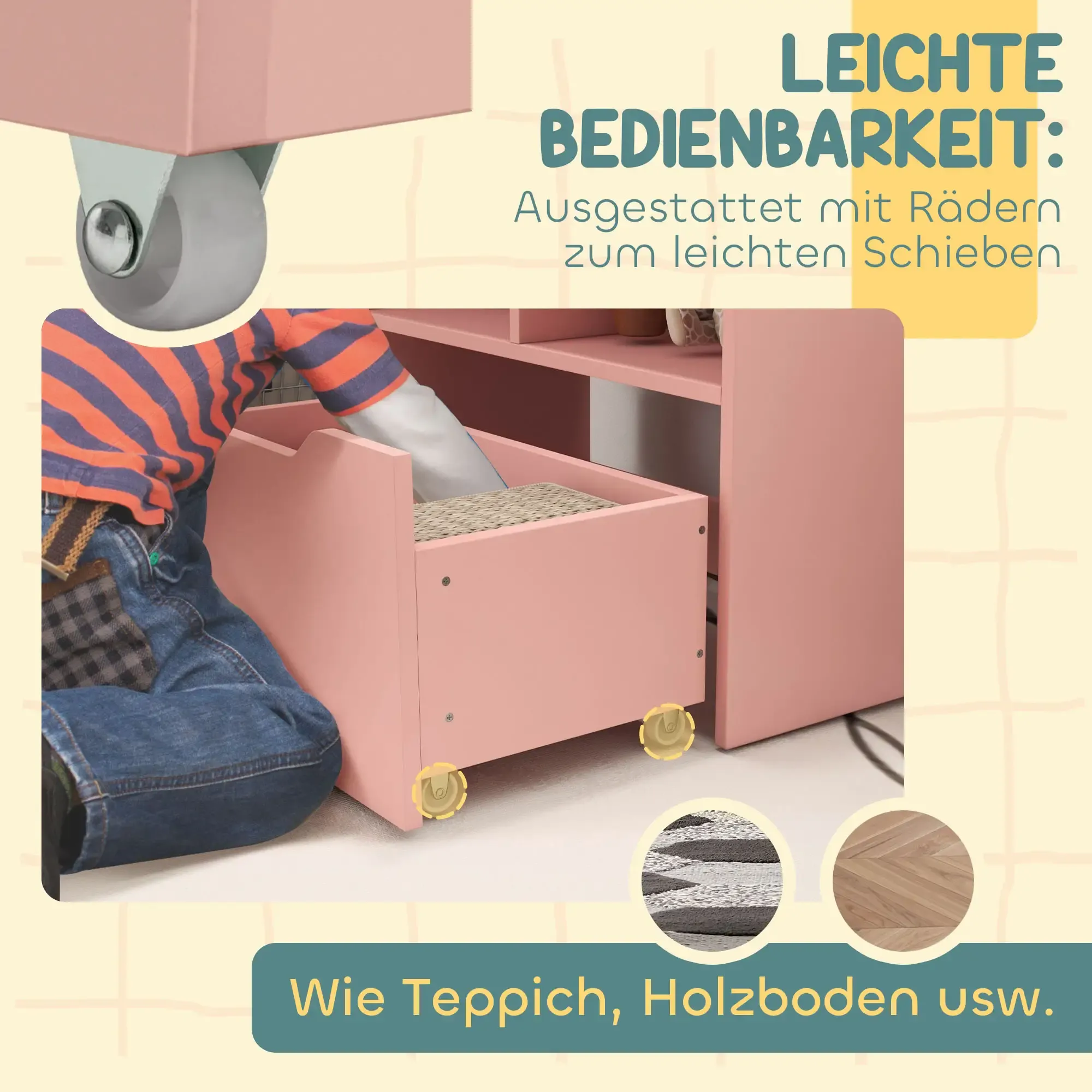 Ein rosa Schrank mit Schublade und Rollen. Eine Person mit Jeans und einem orange gestreiften Hemd befindet sich in der Nähe.