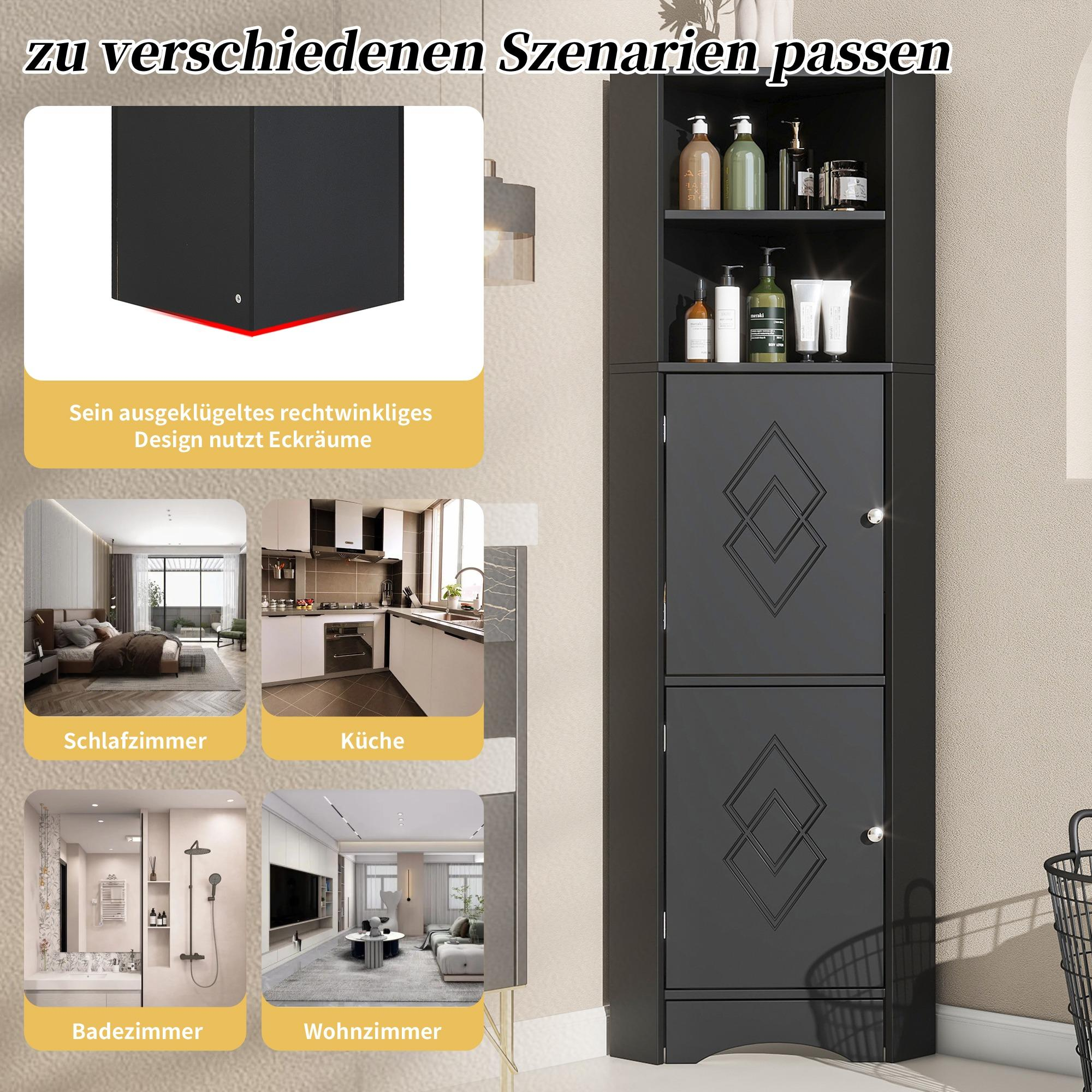 Ein schwarzer Eckschrank mit Regalen wird gezeigt, zusammen mit Bildern von Räumen, in denen er passen könnte: Schlafzimmer, Küche, Bad und Wohnzimmer.