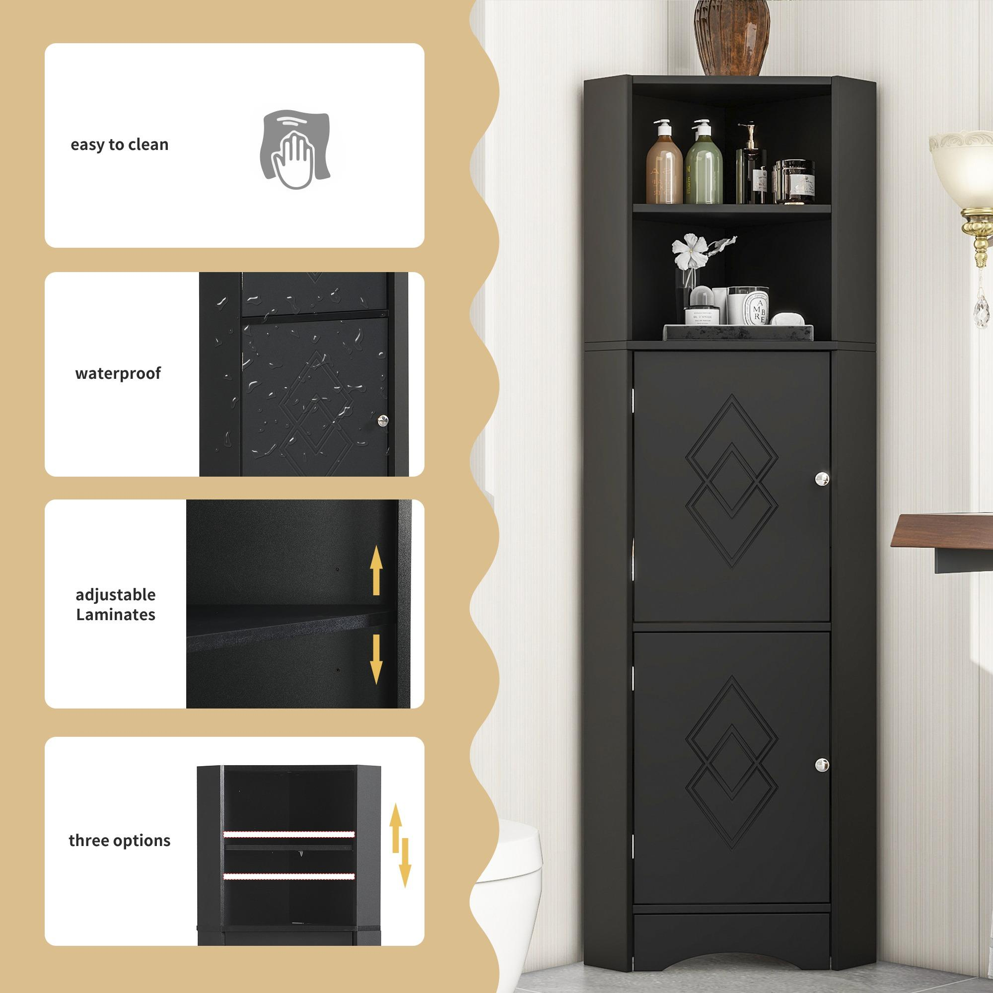 Schwarzer Eckschrank im Badezimmer. Er hat Regale und einen Schrank mit Rautenmustern. Eigenschaften: leicht zu reinigen, wasserdicht, verstellbare Laminate.