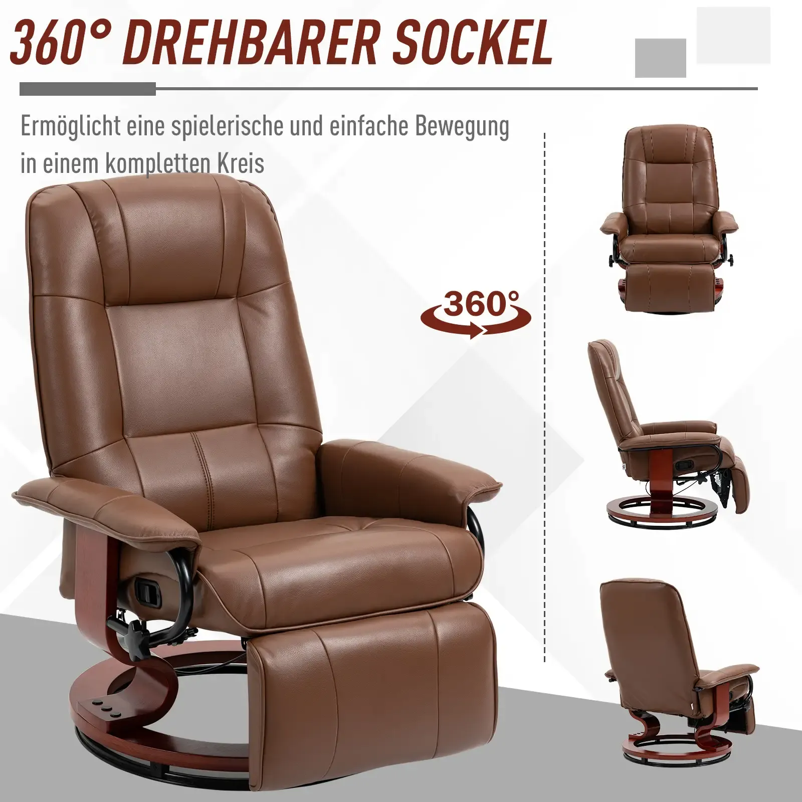 Brauner Leder-Relaxsessel mit 360-Grad-Drehfuß. Zusätzliche Ansichten des Stuhls werden gezeigt.