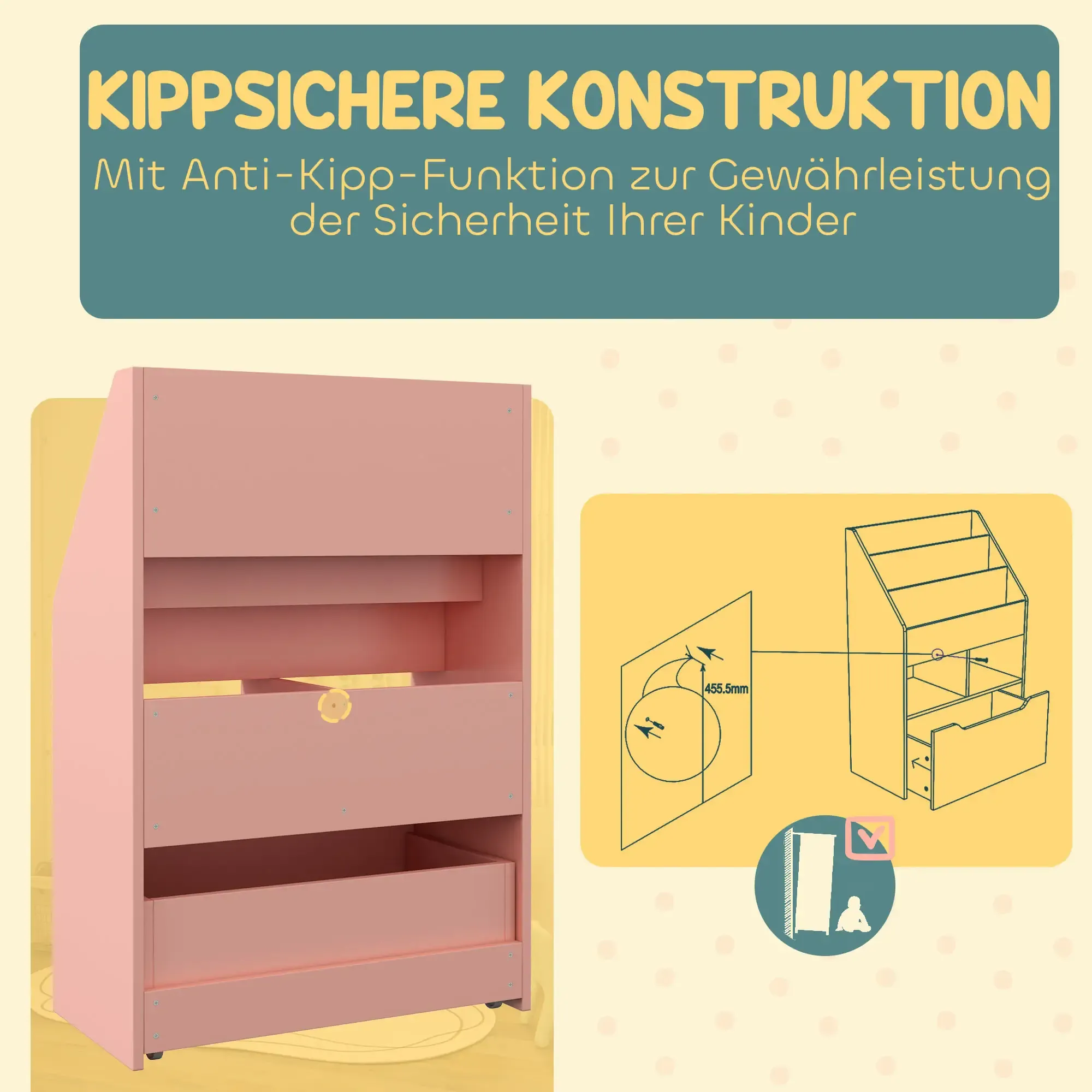 Ein rosa Bücherregal mit Schubladen. Oben steht: „Kippsichere Konstruktion.“ Ein Diagramm zeigt, wie es funktioniert.