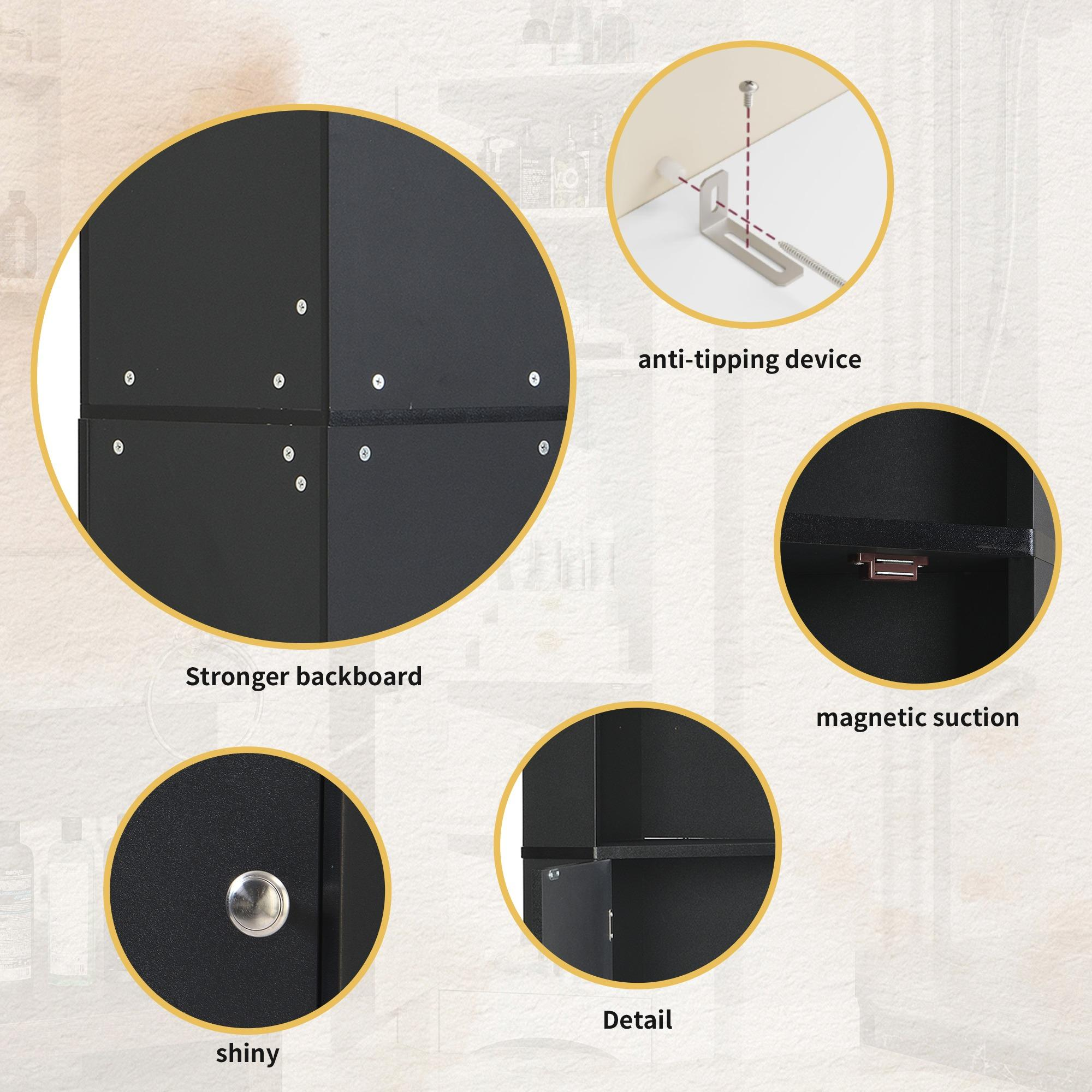 Das Bild zeigt Details eines schwarzen Schranks: stärkere Rückwand, Magnetsauger, glänzender Griff, Kippschutz und Schrankdetail.