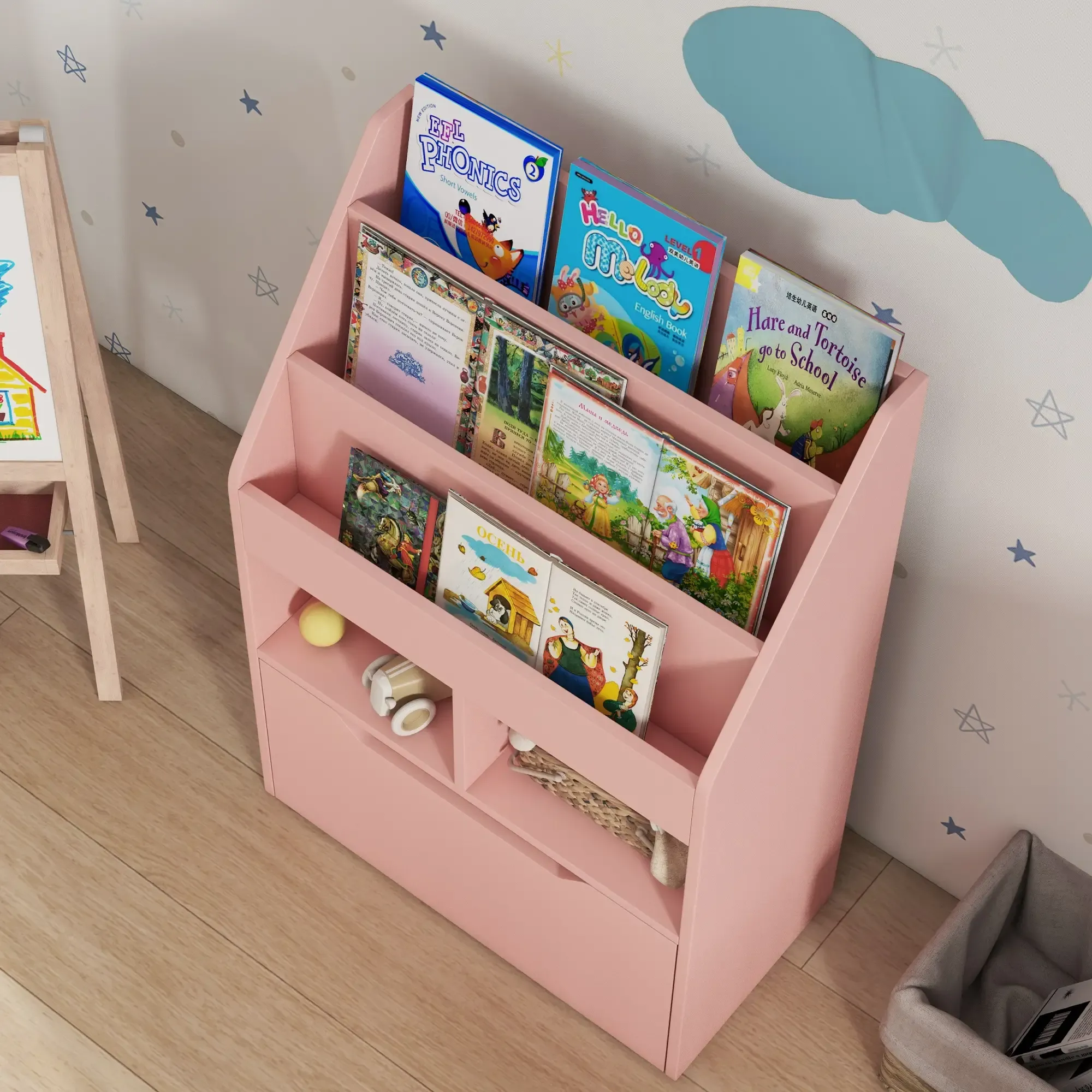 Rosa Bücherregal mit Büchern. Bücher sind: EFL Phonics, Hello Melody und Hare and Tortoise go to School.