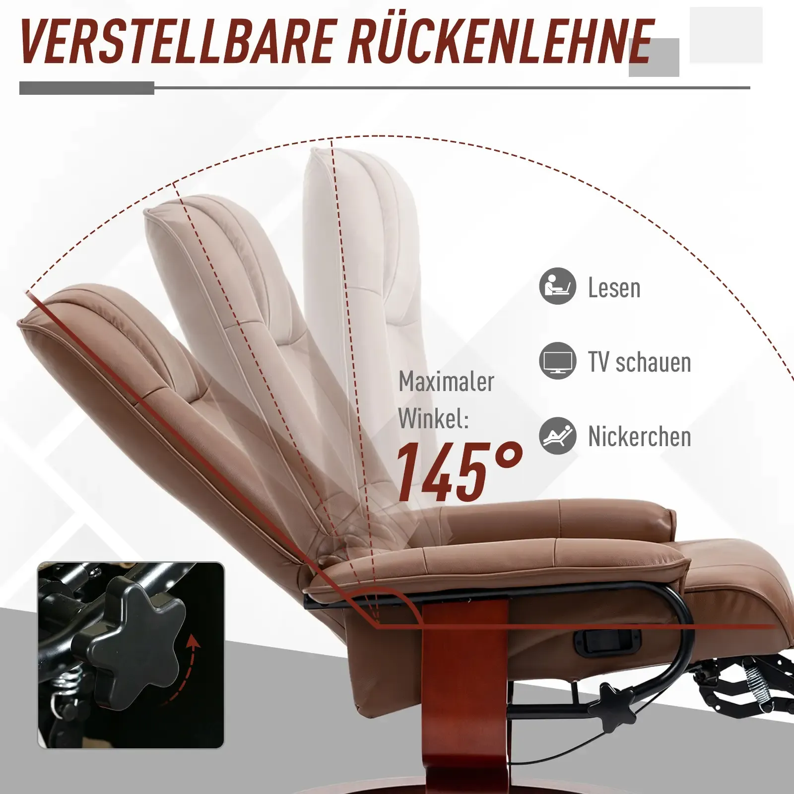 Brauner Relaxsessel mit verstellbarer Rückenlehne. Zeigt verschiedene Liegepositionen. Max. Winkel 145 Grad. Lesen, TV und Nickerchen.
