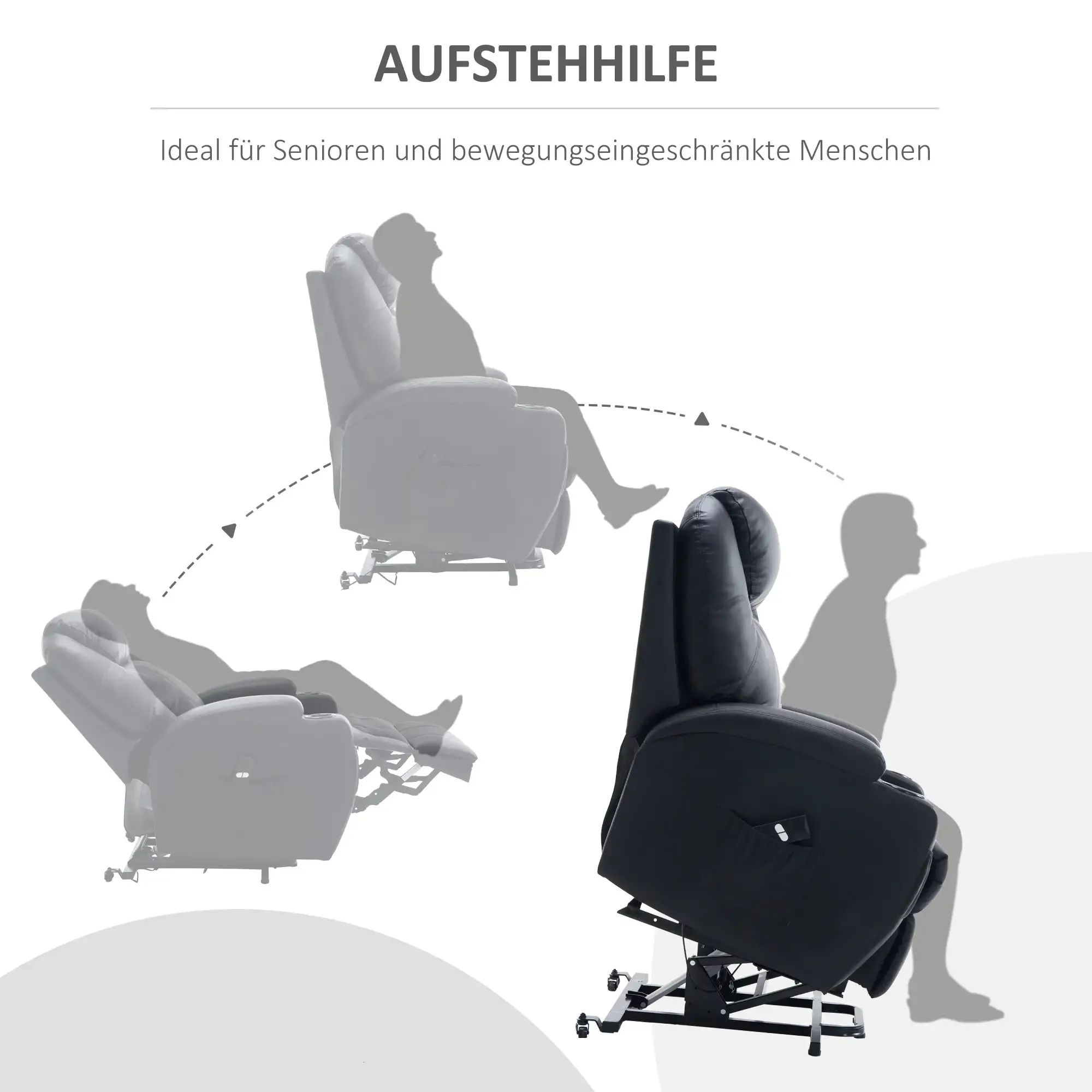 Ein schwarzer Aufstehsessel mit einer Personensilhouette demonstriert seine Aufstehfunktion. Text: 'Ideal für Senioren und bewegungseingeschränkte Menschen'.