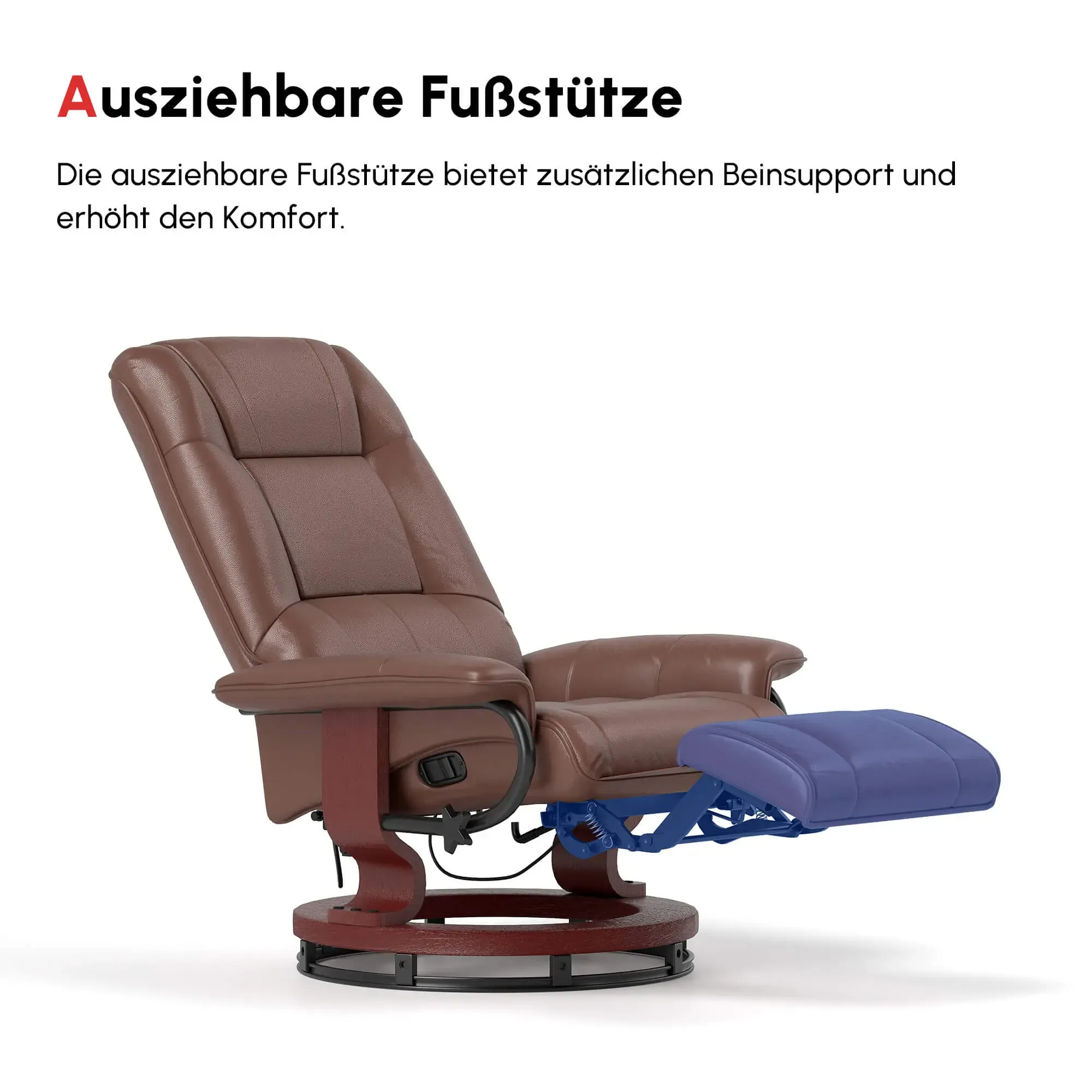 Ein brauner Sessel mit ausgefahrenem blauem Fußteil. Der Stuhl steht vor weißem Hintergrund. Die Überschrift lautet 'Ausziehbare Fußstütze'.