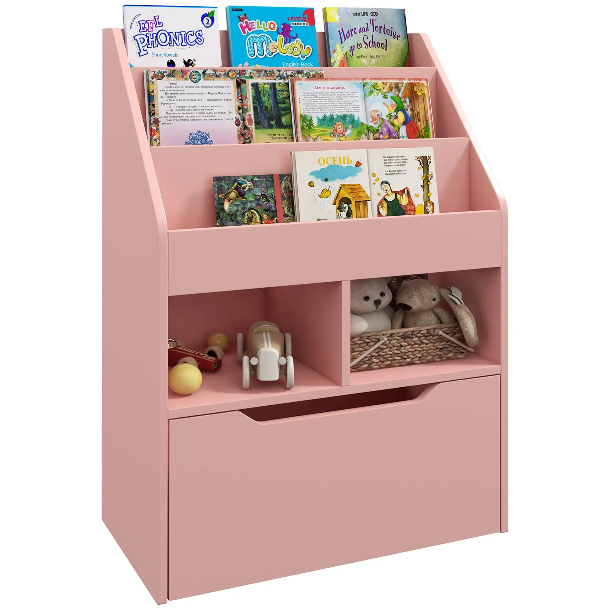 Rosa Bücherregal mit Büchern, Spielzeug und einer Schublade. Bücher sind in den Regalen sichtbar. Spielzeug liegt auf einem Regal.