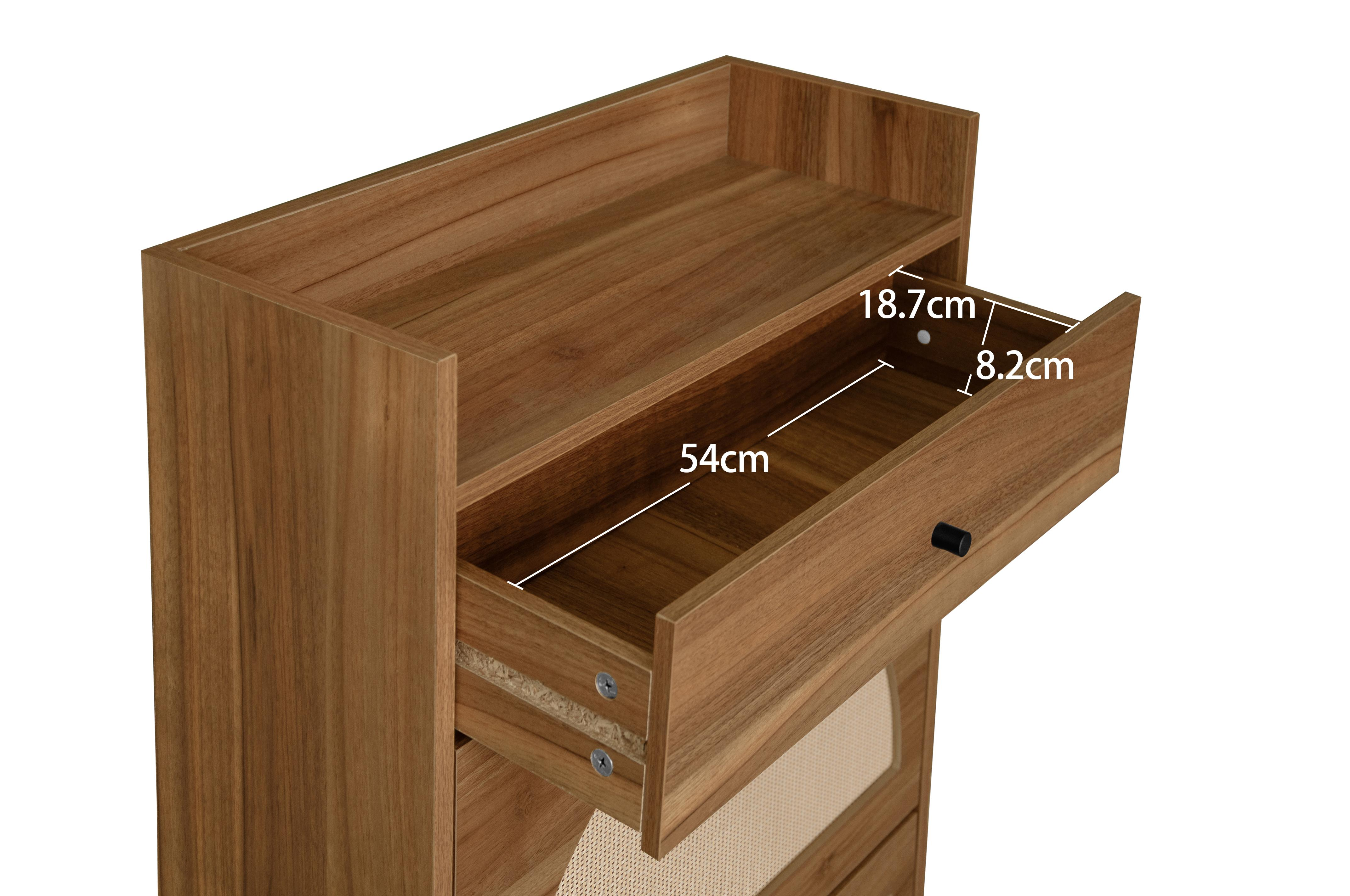 Holzschrank mit offener Schublade. Schubladenabmessungen sind beschriftet. 54cm lang, 18,7cm breit und 8,2cm tief.